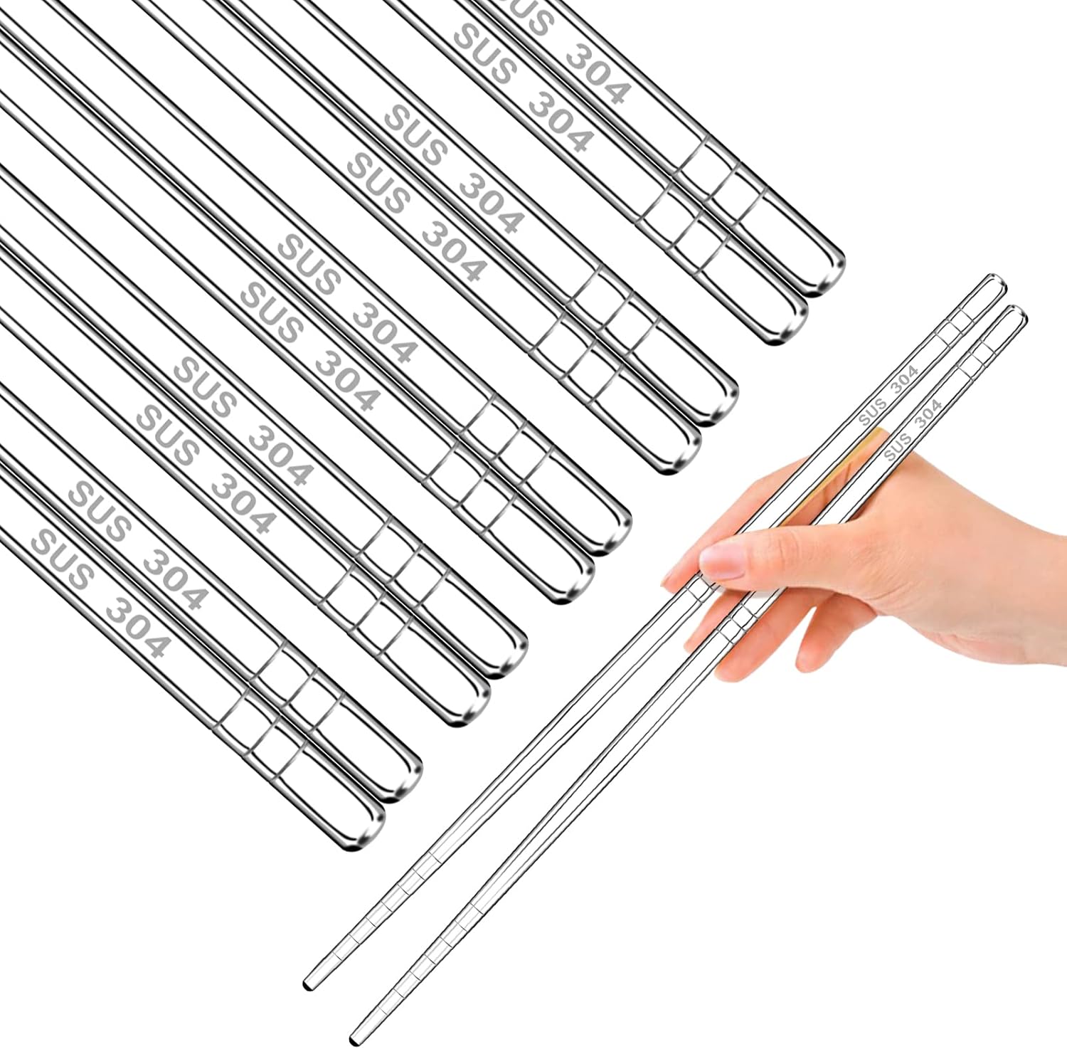 5 Pairs Japanese Metal Reusable Chopsticks for Sushi Sashimi Noodles Rice Asian Dishes, Superior Chinese Anti-Slip 304 Stainless Steel Chop Sticks Gift Set Dishwasher Safe for Cooking & Dining, Silver