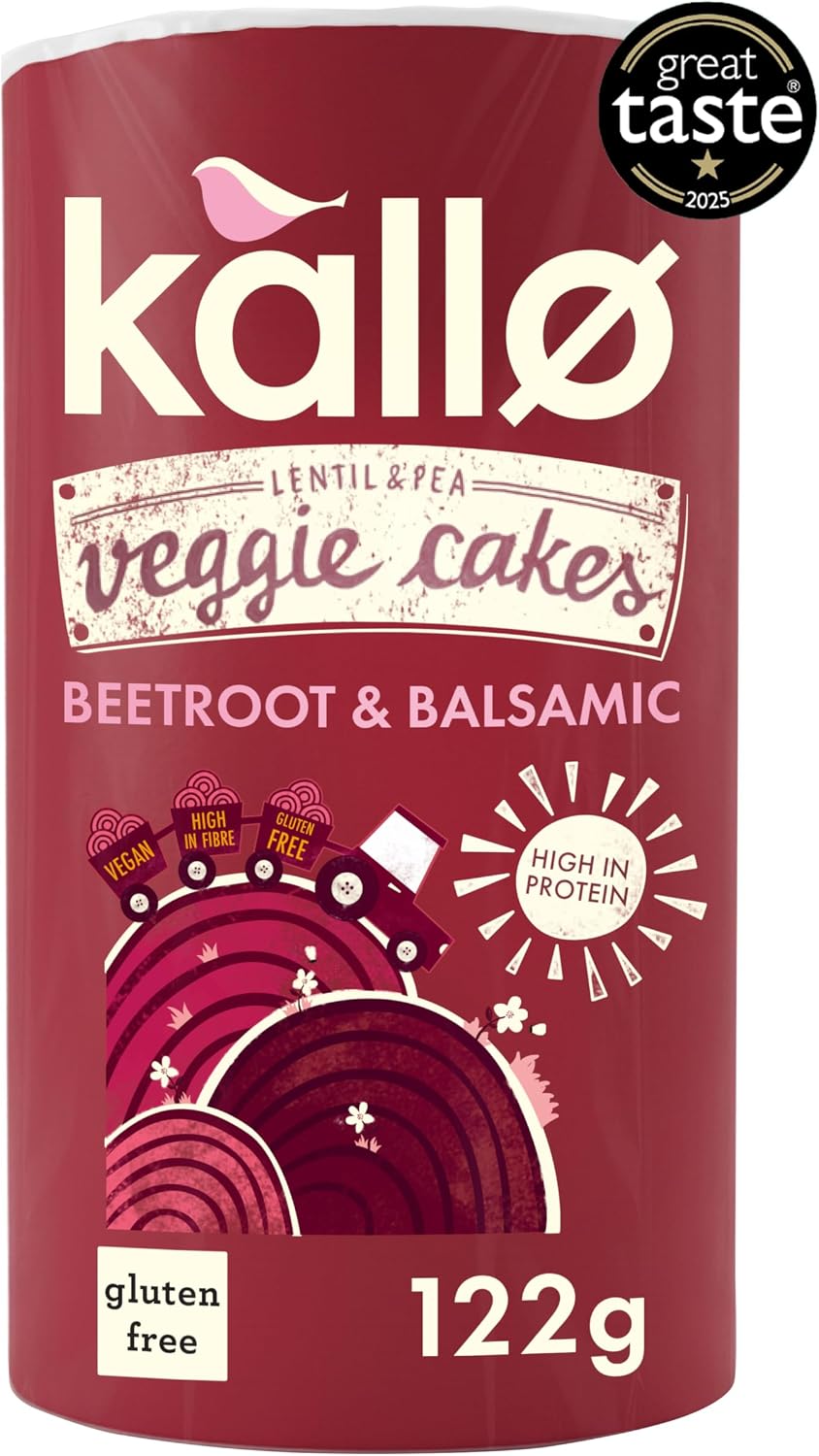 Kallo Beetroot & Balsamic Veggie Cakes, Lentil & Pea Puffed Crackers Made From Plants, High in Protein and Fibre Low Fat Healthy Snacks, Vegan Friendly, Gluten Free, No Artificial Flavours – 1 x 122g