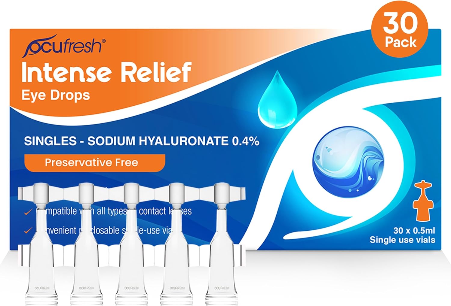 [New Launch] Ocufresh Intense Relief Eye Drops- Single dose [30x0.5ml vials] - Sodium Hyaluronate 0.4% - Advanced Care for Dry, Tired Eyes | Preservative Free | Contact Lens & Travel Friendly