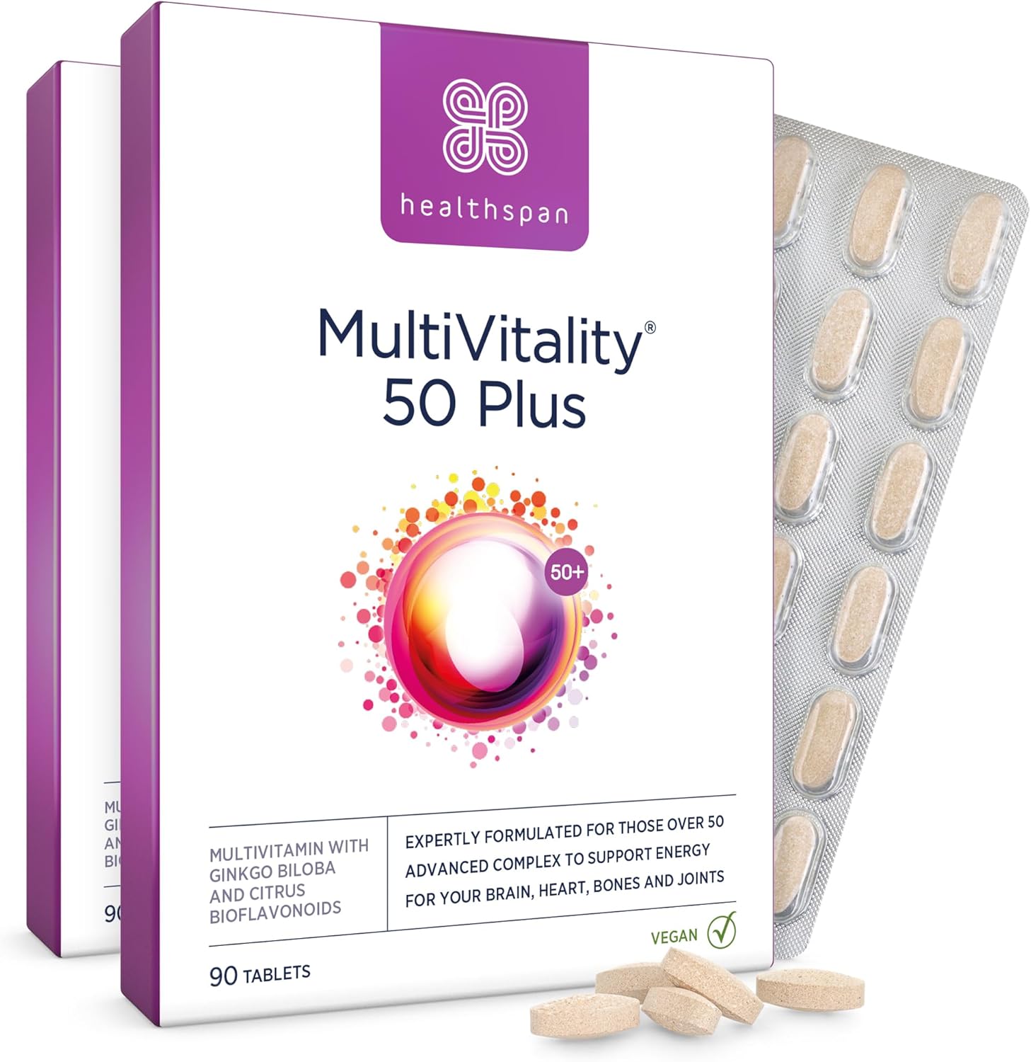 Healthspan Multivitamin 50 Plus | Advance Multivitamin for over-50's | Immune Health Support | 13 Vitamins & 12 Minerals | Ginkgo Biloba & Citrus Bioflavonoids | Vegetarian (180 Tablets)