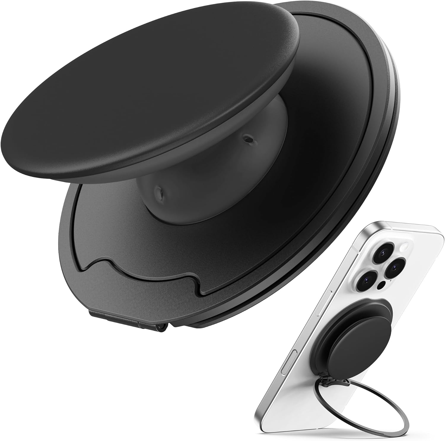 Sinjimoru for MagSafe Phone Grip — 3000G Magnetic Hold, Soft Silicone Comfort, Metal Plate Included, iPhone 17/16/15/14/13/12, M-Tap Tok Ring Stand Black