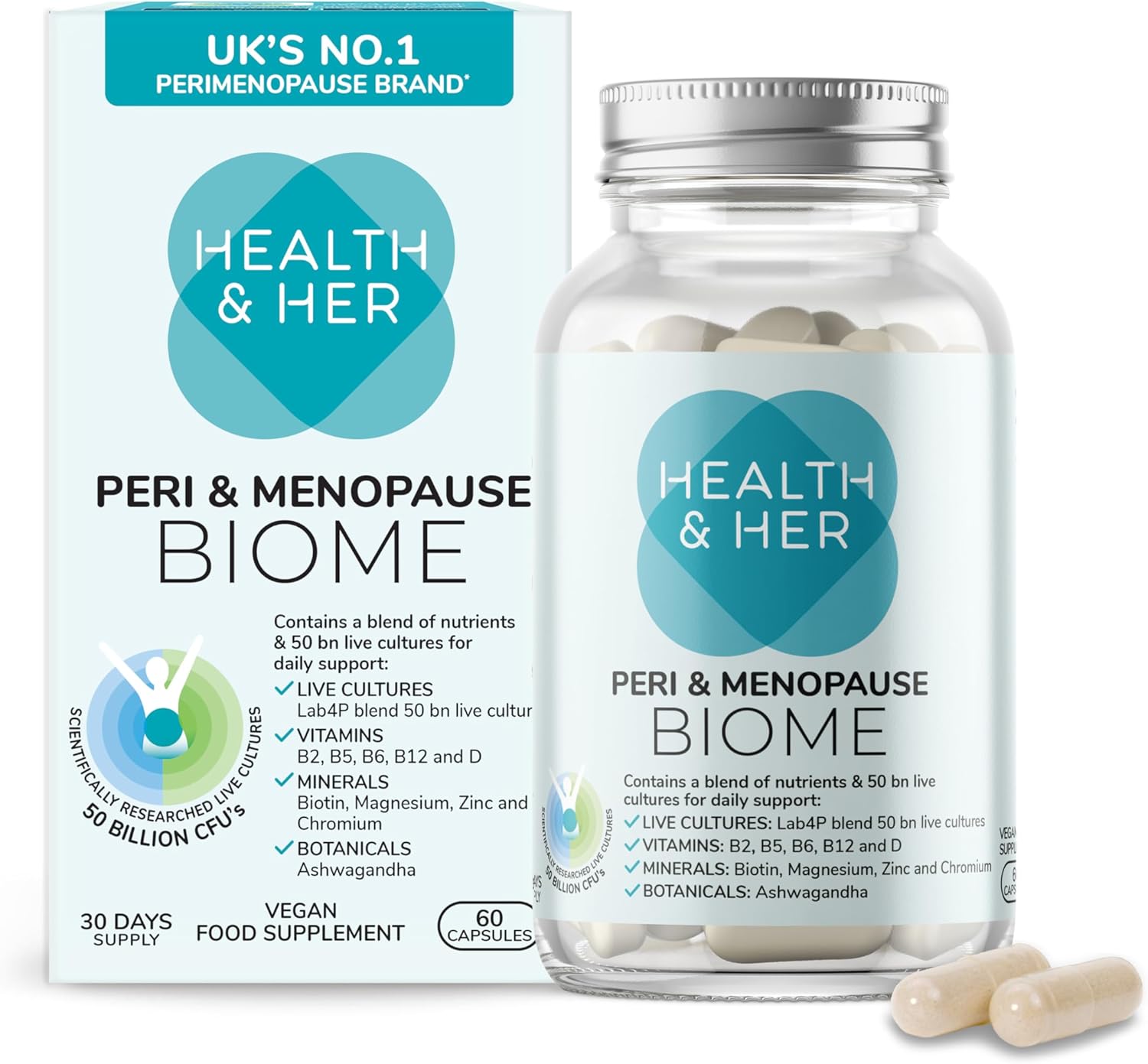 Health & Her Peri & Menopause Biome 50bn Live Cultures Supplements for Women - Ashwagandha, Magnesium, Zinc - 1 Month Supply, 60 Capsules - Phytoestrogen Free