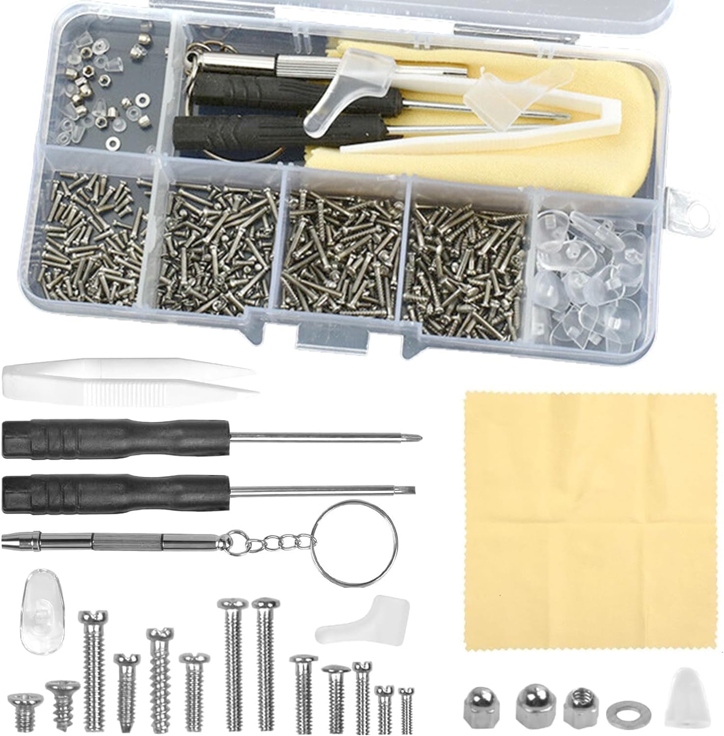 500 PCS Eyeglass Repair Kit - Complete Set with Screws, Screwdrivers, Nose Pads, Cleaning Cloth & More, Portable for Quick Eyewear Fixes, Ideal for Glasses & Sunglasses