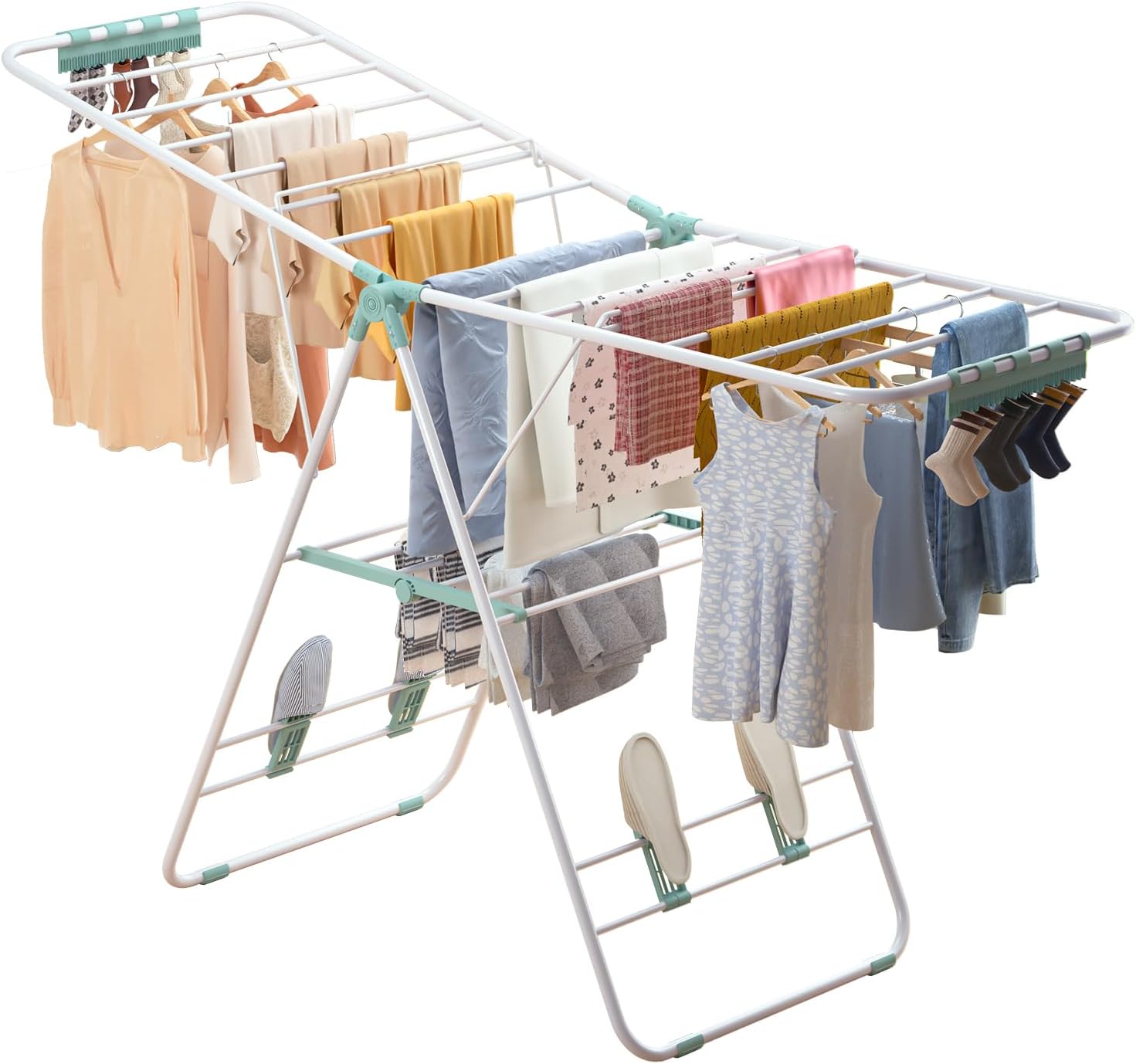 SereneSpc Clothes Airer, 3 Grades Height-Adjustable Clothes Drying Rack, Winged Clothes Horse Indoor Foldable, Stainless Steel Drying Rack Laundry Outdoor, L144 x W50 x H94cm (Green)
