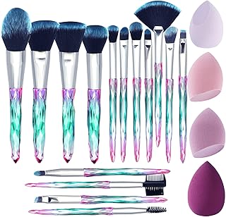 XMOSNZ Makeup Brushes 15pcs Make up Brushes Crystal Handle Highlighter Makeup Foundation Makeup Make Up Brush Sets Eyebrow Brush Professional with 4 Makeup Sponge (19 Piece Set, Lake Blue)