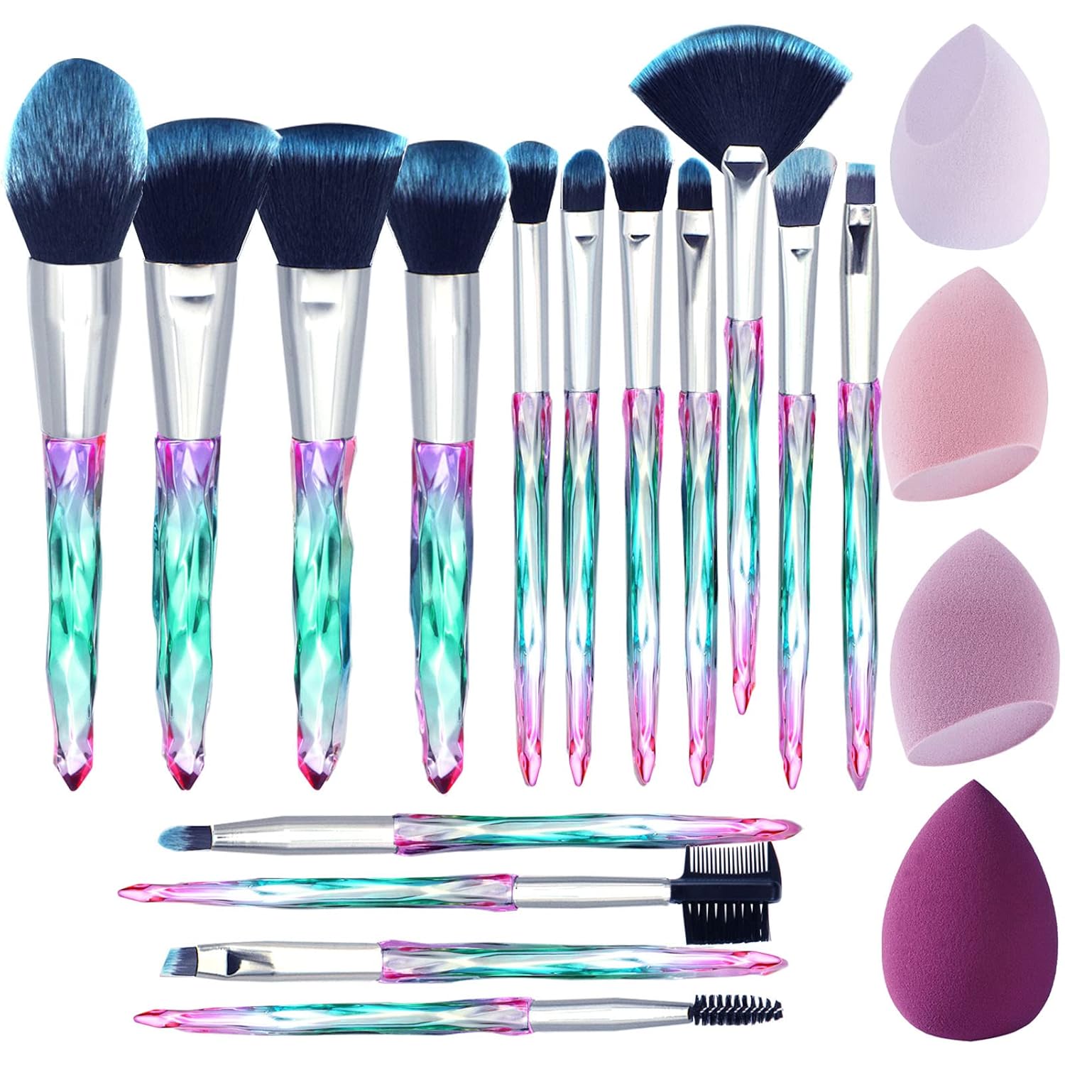 XMOSNZ Makeup Brushes 15pcs Make up Brushes Crystal Handle Highlighter Makeup Foundation Makeup Make Up Brush Sets Eyebrow Brush Professional with 4 Makeup Sponge (19 Piece Set, Lake Blue)