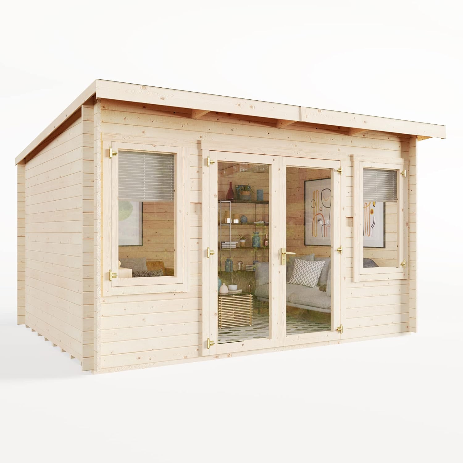 BillyOh Fraya 4m x 3m Log Cabin Summer House Shed with Standard Treatment Wood, Modern Pent Roof, Double Doors & Shatterproof Windows – Garden Room, Gym, Outdoor Office, Studio, or Garden House