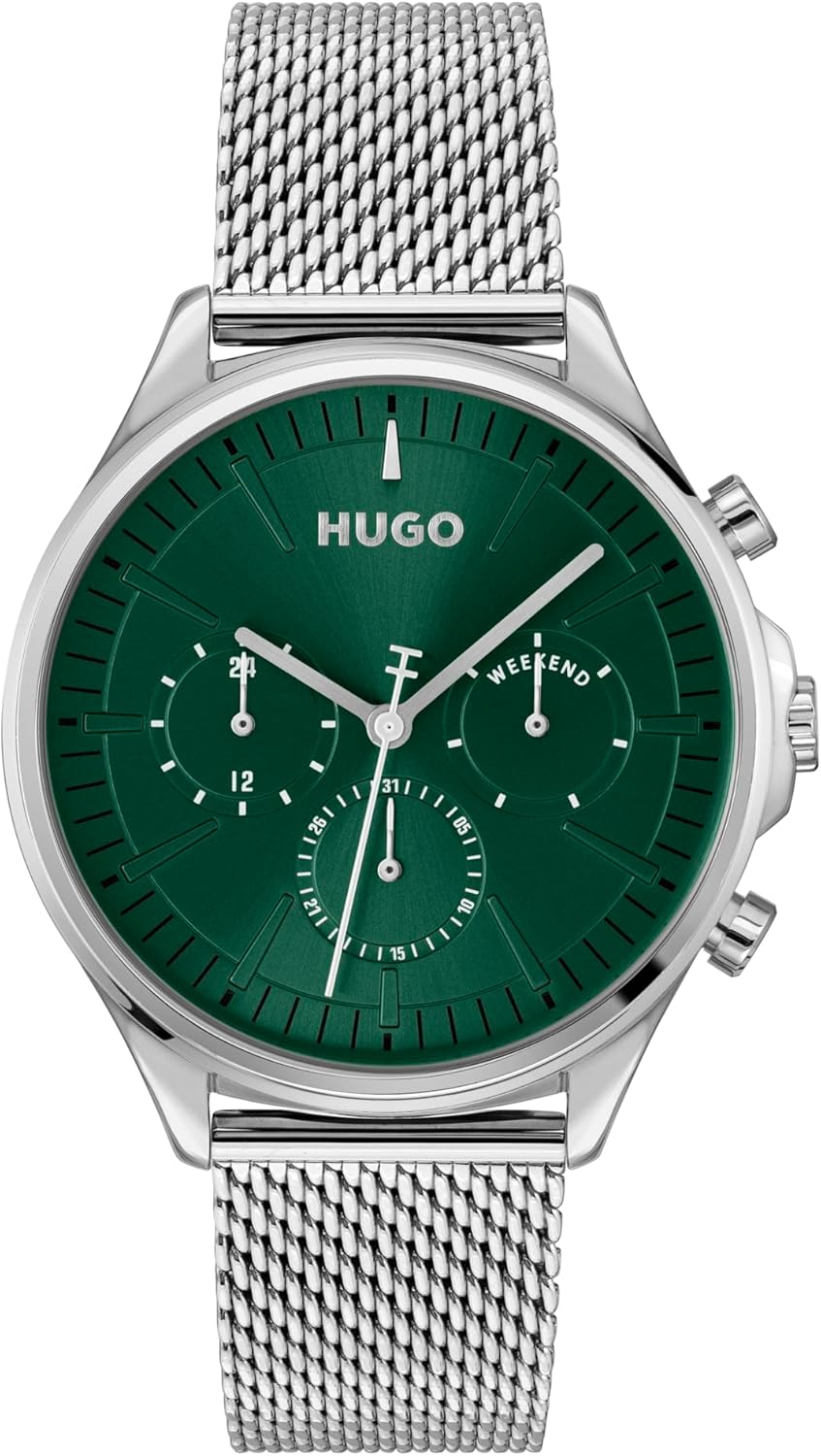 HUGO Analogue Multifunction Quartz Watch for Men #Smash Multi Collection with Stainless Steel Link or Mesh Bracelet – Available with Green or Grey Dial