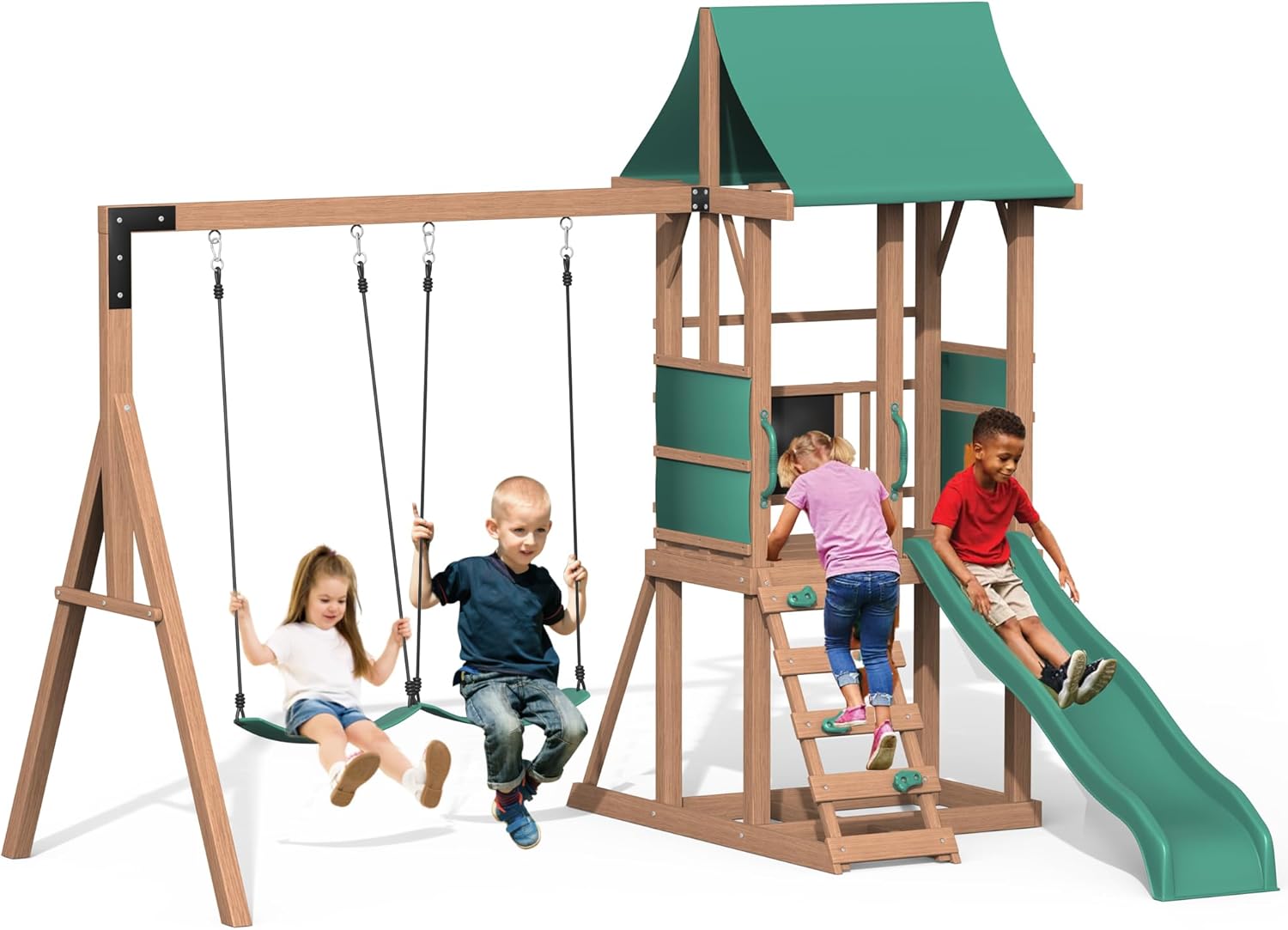 All Spruce Wooden Swing Sets for Backyard for Kids 3-12, Swingset Outdoor for Kids, Outdoor Kids Swing Sets for Backyard with 2 Belt Swings, Slide, Climber, Sandbox Area, Blackboard, Play Deck