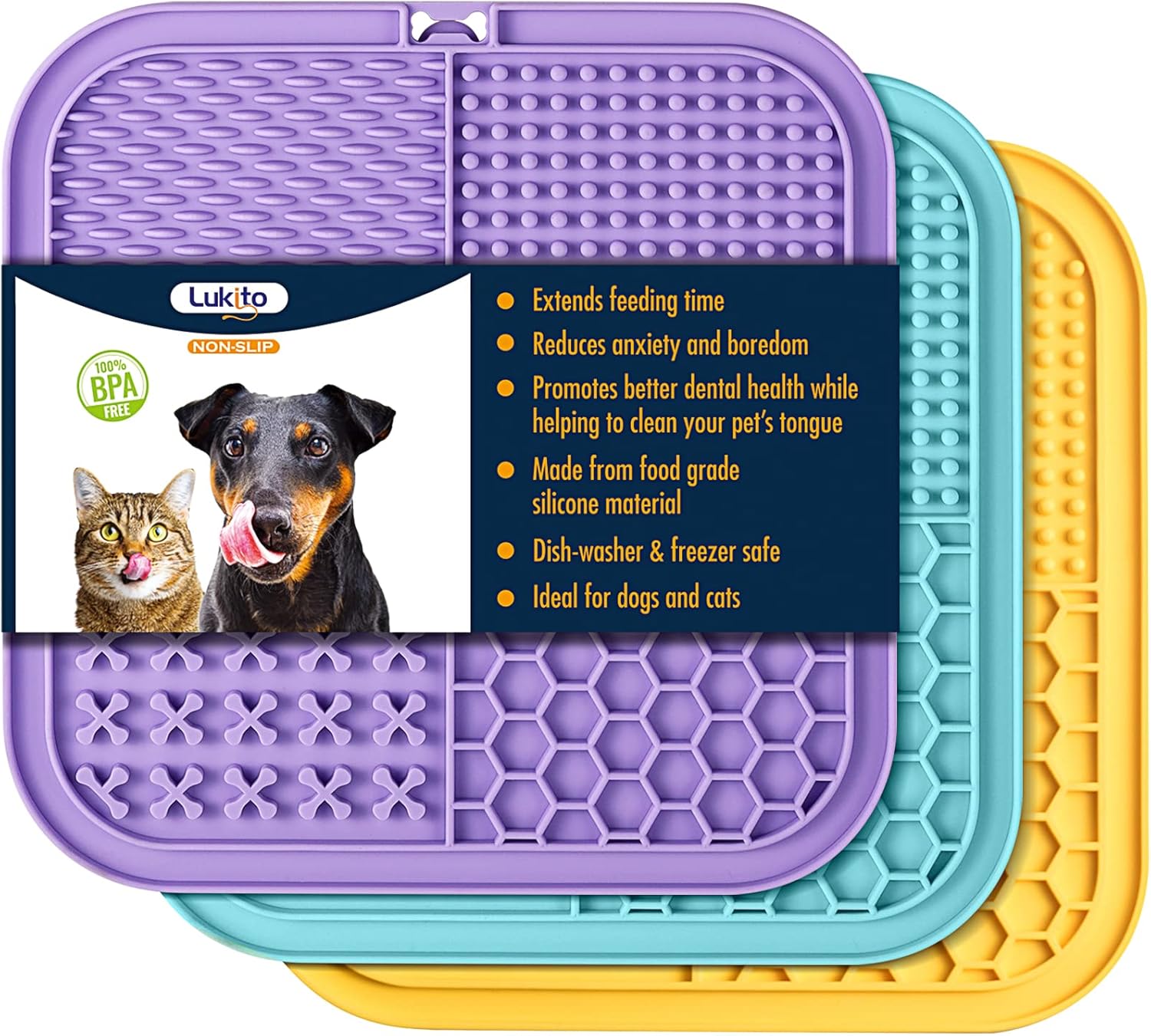 LUKITO 3PCS Licking Mat for Dogs & Cats with Suction Cups, Dog Peanut Butter Lick Pads for Anxiety Relief & Boredom Reducer, Slow Feeder Dog Bowls, Perfect for Bathing, Grooming and Training