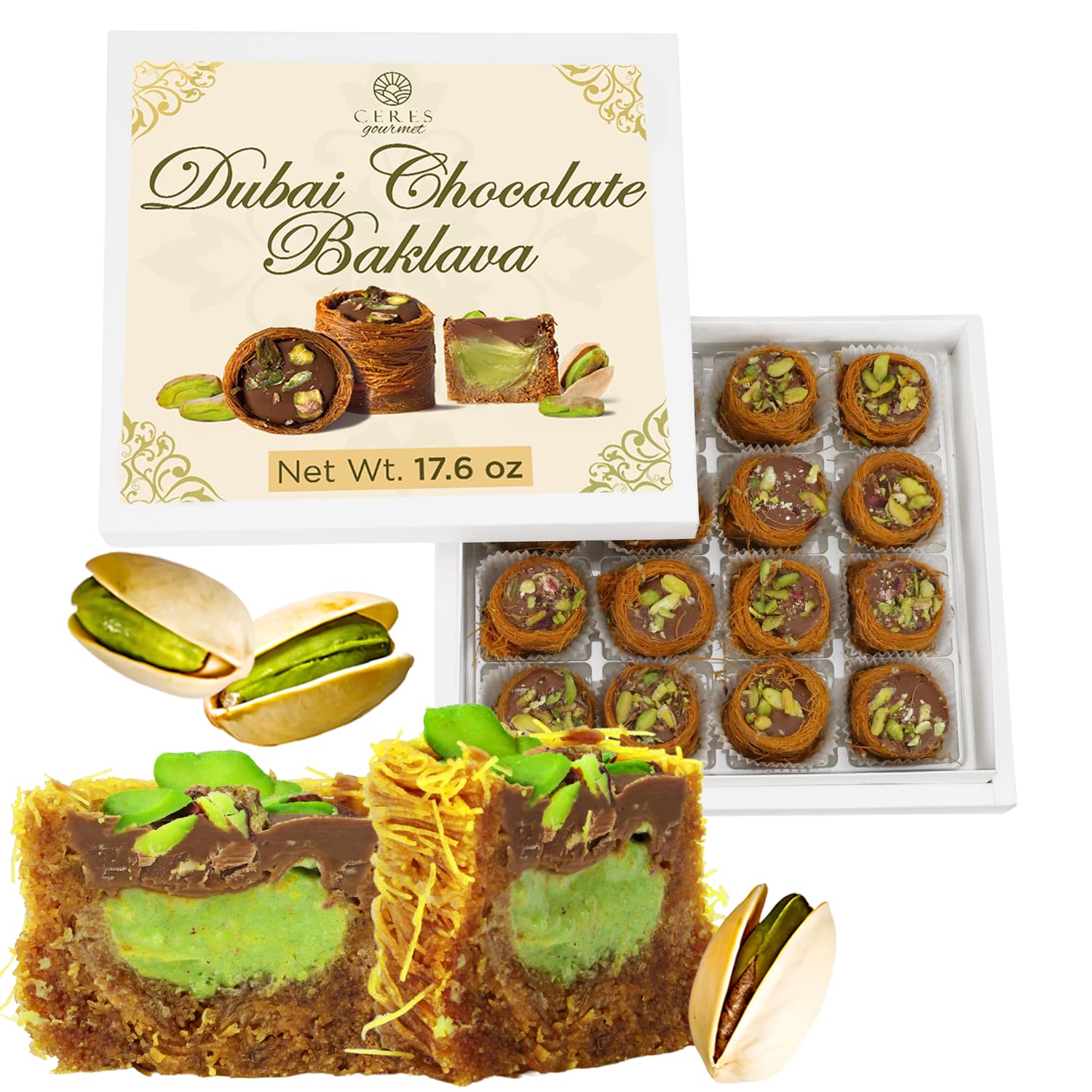 Dubai Chocolate Pistachio Baklava with Kataifi – Gourmet Baklava Gift Box | Crispy Kataifi Pastry with Pistachio & Chocolate Filling | Authentic Middle Eastern Dessert