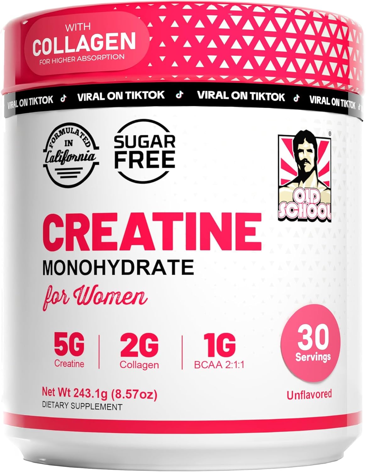 Old School Labs 5000mg Creatine Monohydrate Powder, Optimized Creatine for Women +2000mg Collagen +1g BCAA 2:1:1 Supports Lean Muscles & Recovery, Energy & Stamina - Made in USA, 30 Servings
