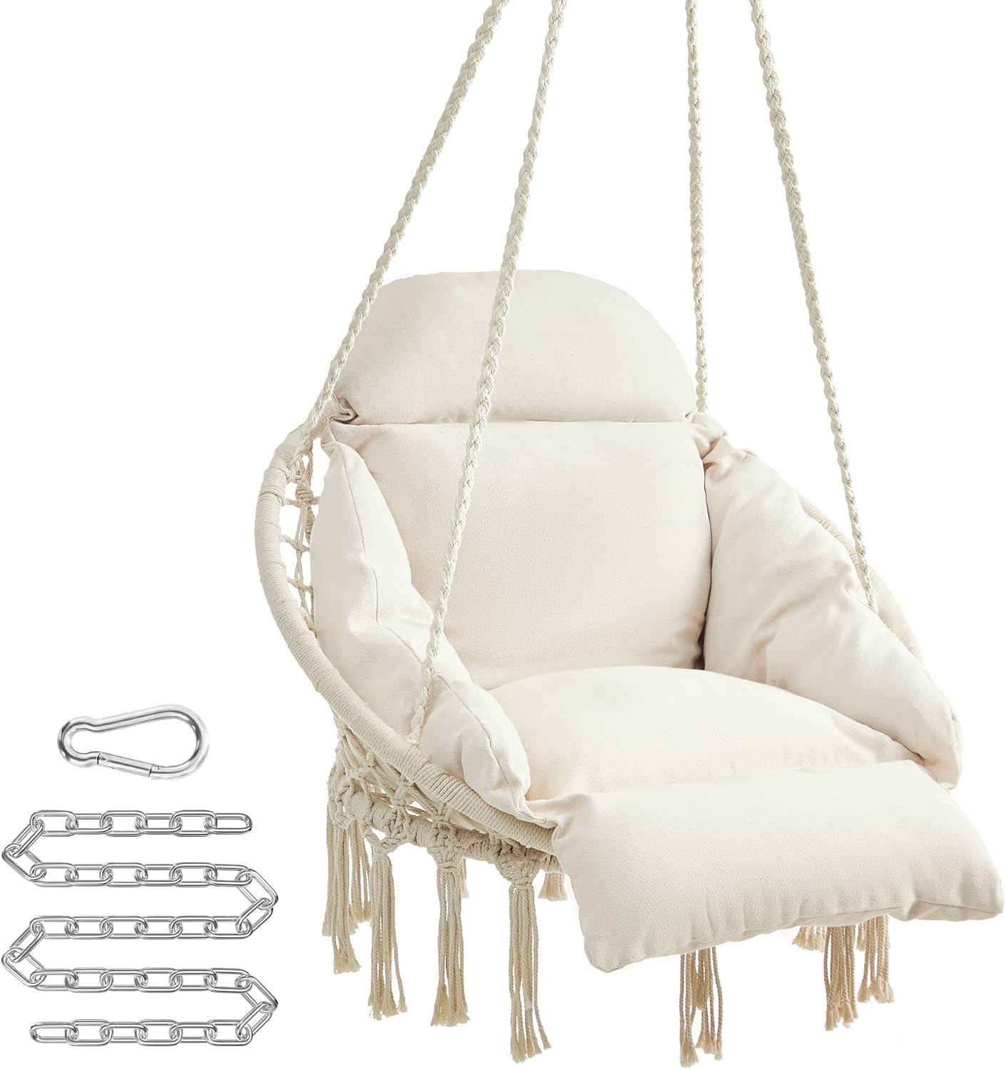 SONGMICS Hanging Chair, Hammock Chair with Large, Thick Cushion, Boho Swing Chair for Bedroom, Patio, Balcony, Garden, Holds up to 264 lb, Accessories Included, Cream White UGDC042M01