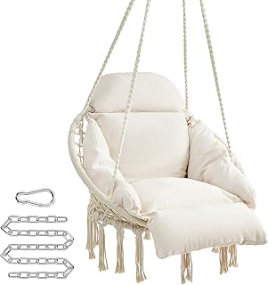 SONGMICS Hanging Chair, Hammock Chair with Large, Thick Cushion, Boho Swing Chair for Bedroom, Patio, Balcony, Garden, Holds up to 264 lb, Accessories Included, Cream White UGDC042M01