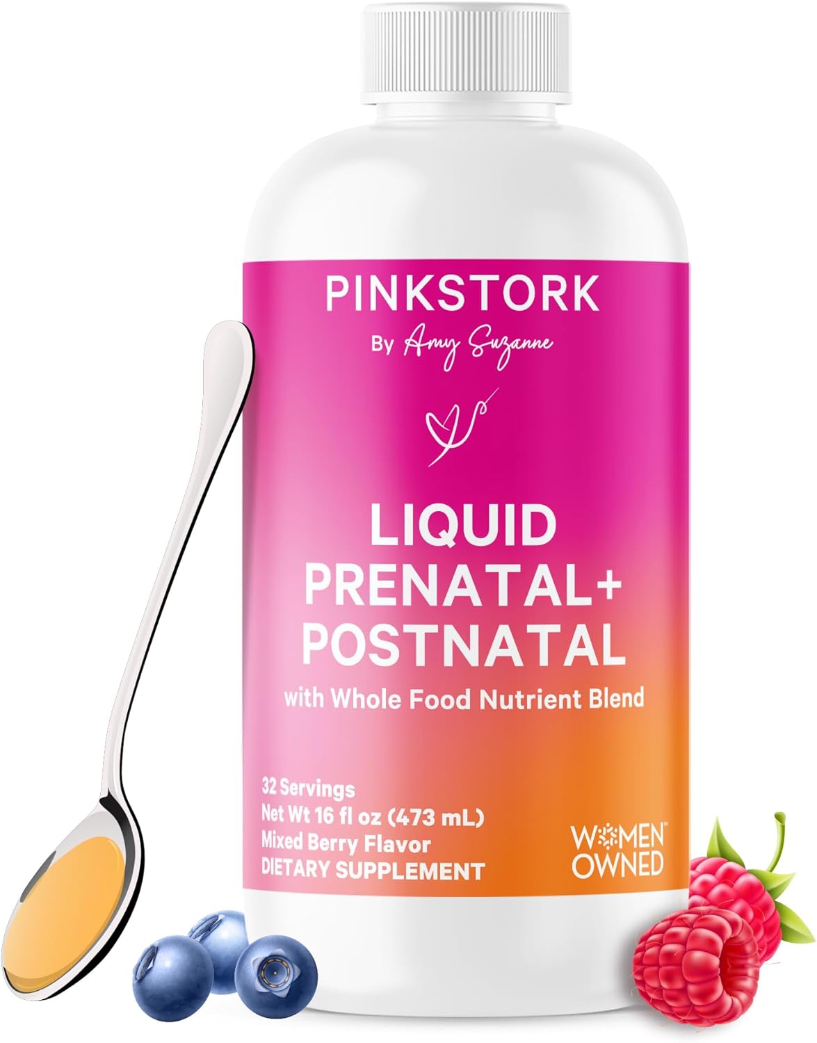 Pink Stork Liquid Prenatal Vitamins for Women - Berry Flavor - Organic Food Blend - for Fertility, Pregnancy, Postpartum- Morning Sickness Support - Breastfeeding and Lactation - 32 Servings