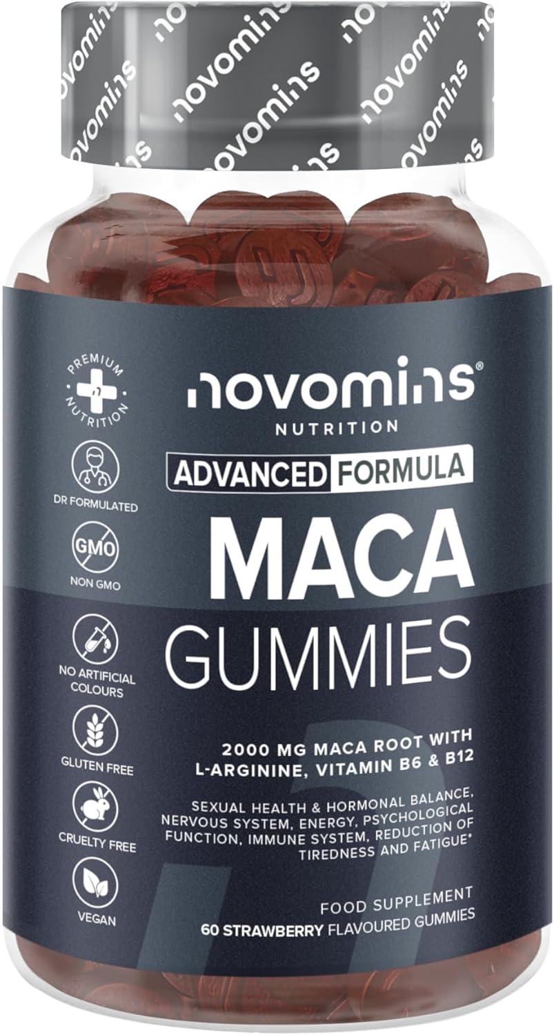 Maca Root Gummies 2000mg - High Strength Alternative to Maca Powder & Maca Capsules - Made from 100% Peruvian Maca Root Powder with L-Arginine, Vitamin B12 & B6-60 Count - Novomins