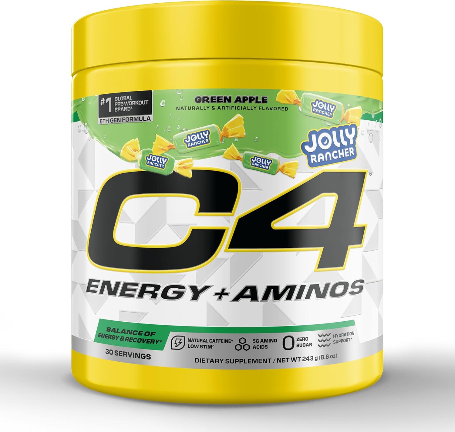C4 Energy + Aminos Powder | Jolly Rancher Green Apple | 5g BCAAs & EAAs for Muscle Recovery, 3 Electrolytes for Hydration, 100mg Natural Caffeine | Pre Workout | Zero Sugar, 30 Servings