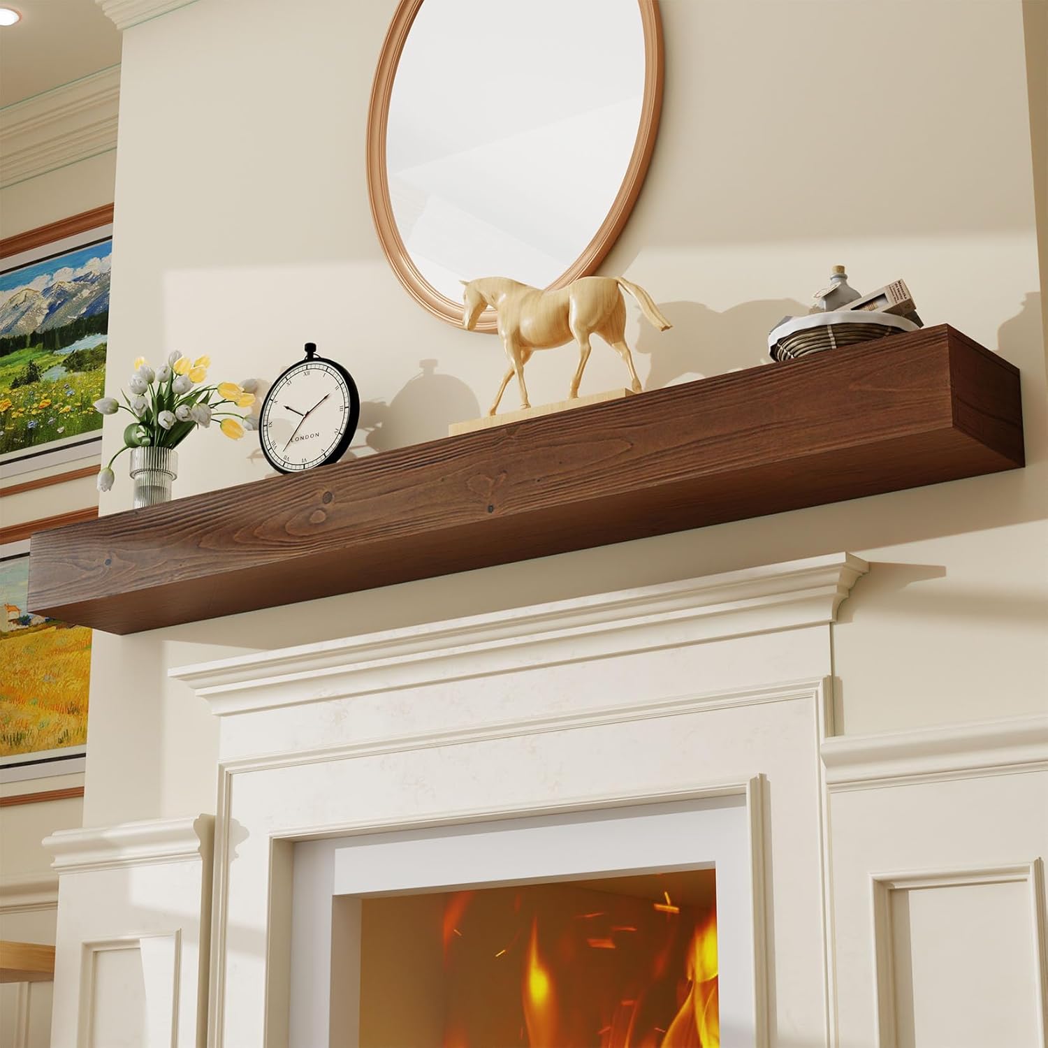 Floating Fireplace Mantel Shelf 72 inch Rustic Solid Wood Mantels for Fireplace Natural Pine Wood Mantle for Fireplace Living Room Farmhouse - 72 X 8 X 5，Rustic Traditional