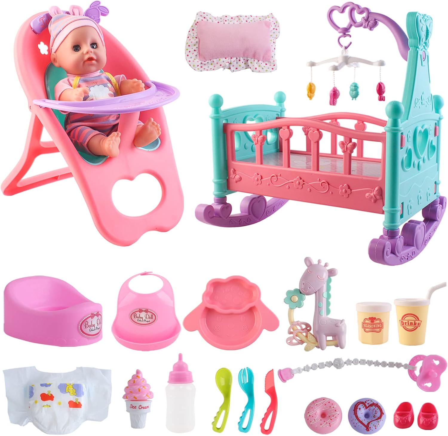 deAO ‘My First Baby Doll’ Play Set Includes Miniature Crib, High Chair, Feeding Accessories - 21 Pieces Toy Play Set (Baby Doll Included)