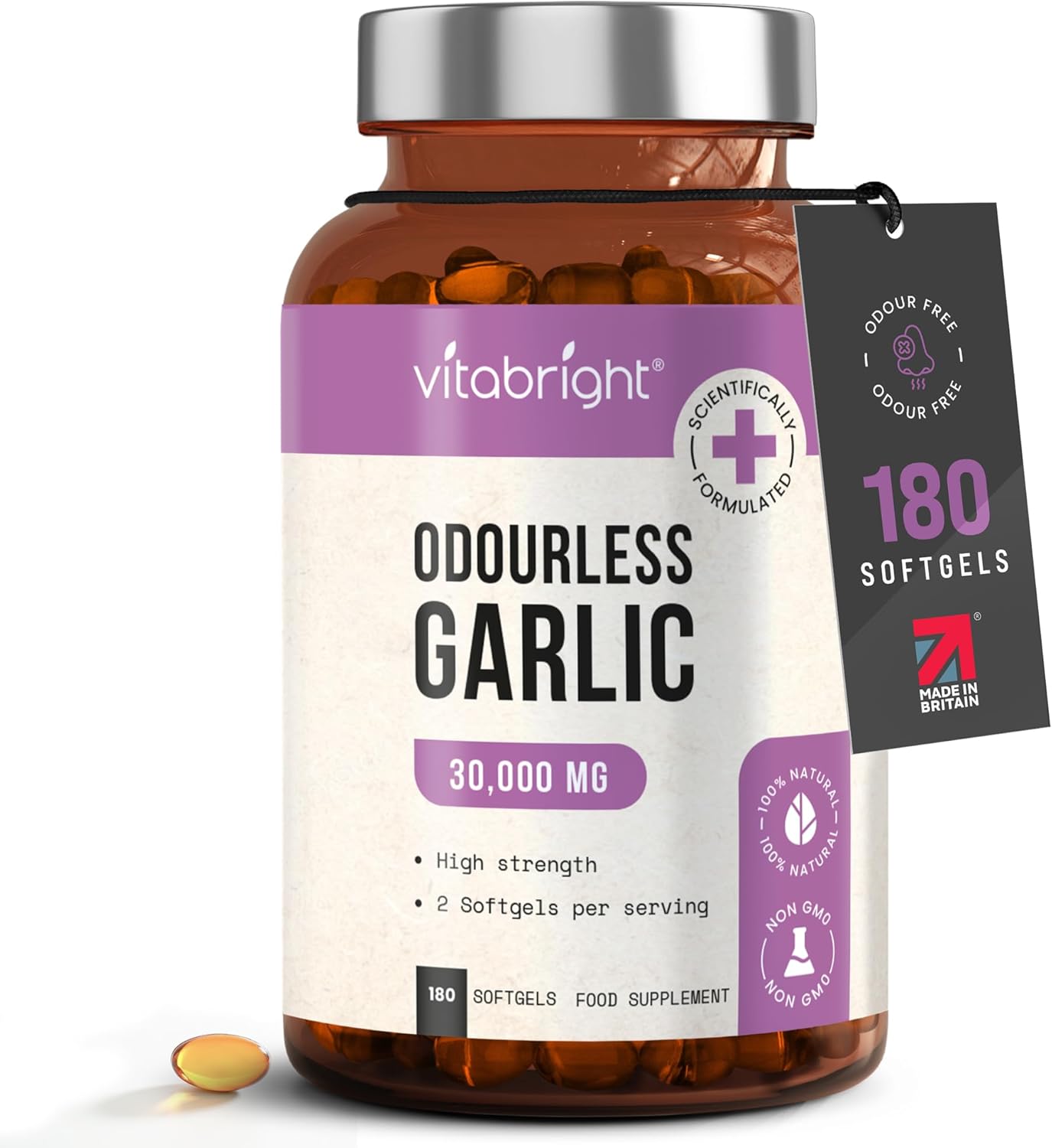 VitaBright Odourless Garlic Capsules High Strength | 30,000mg | 180 Capsules | Daily Dose - 2 Odorless Garlic Tablets for Adults | Odourless Extract Supplement | High Allicin Pearls for Women & Men