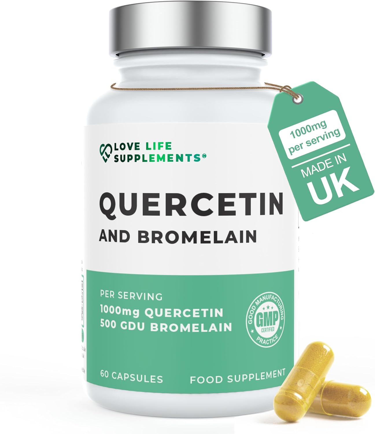 Quercetin & Bromelain Supplement | 60 Capsules -30 Servings | Powerful Antioxidant | 1000mg Quercetin (from Sophora japonica) and 500 GDU Bromelain (from Pineapple) per Serving | Love Life Supplements