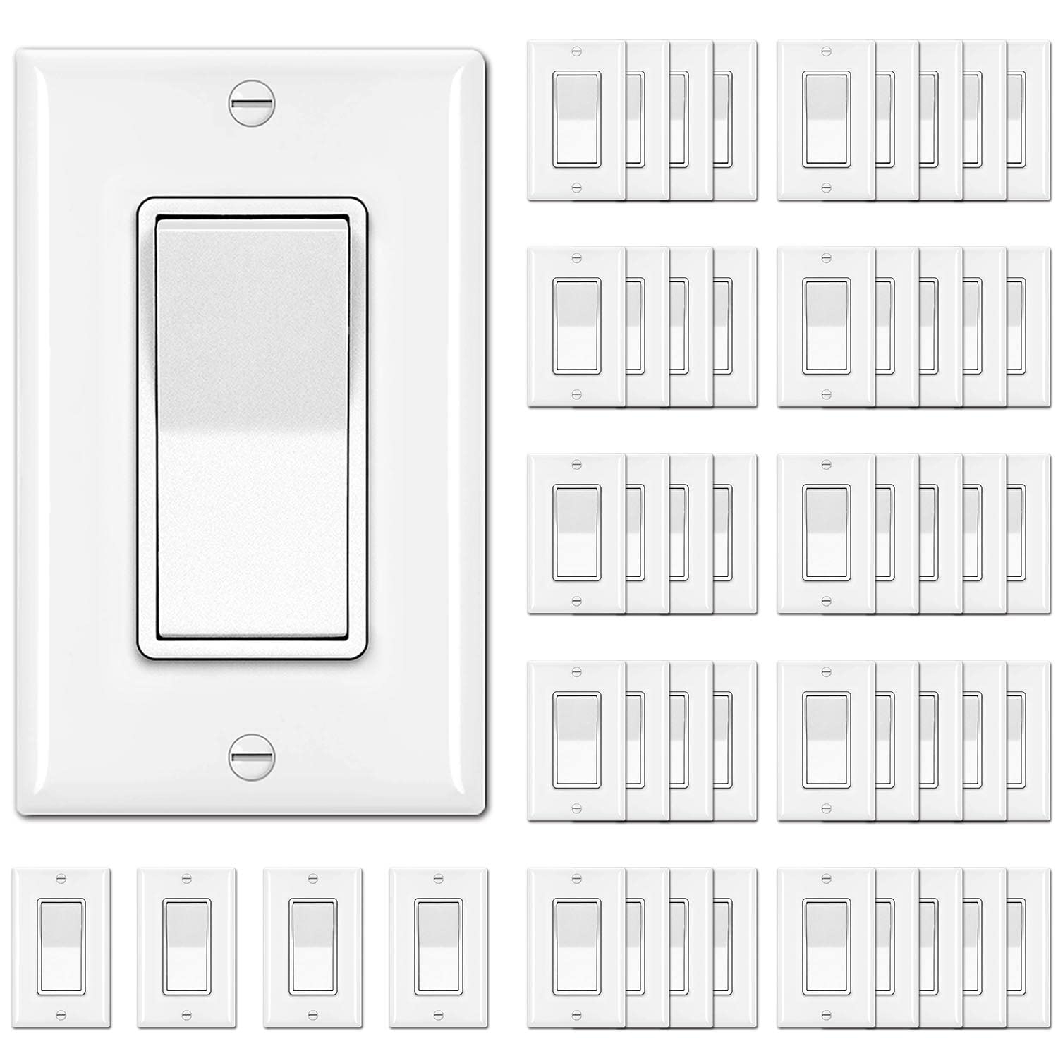 [50 Pack] BESTTEN Single Pole Decorator Wall Light Switch with Wallplate, 15A 120/277V, On/Off Rocker Paddle Interrupter, UL Listed, White