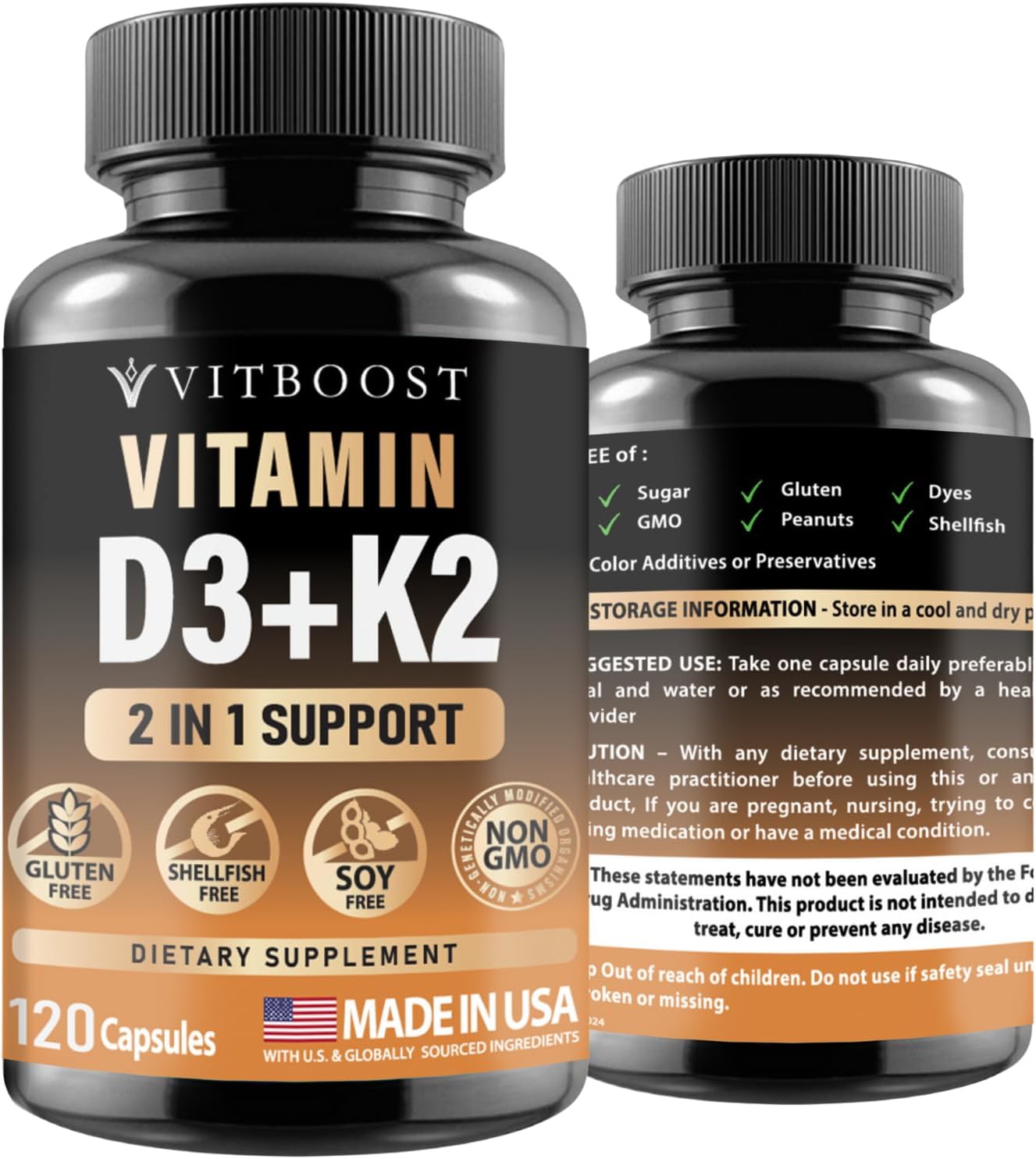 Vitamin D3 K2 Complex - Easy to Swallow - Vitamin D (D3) 5000 IU (125 mcg) & K2(MK-7) 90 mcg | Non-GMO | Gluten-Free | USA Made | 120 Capsules