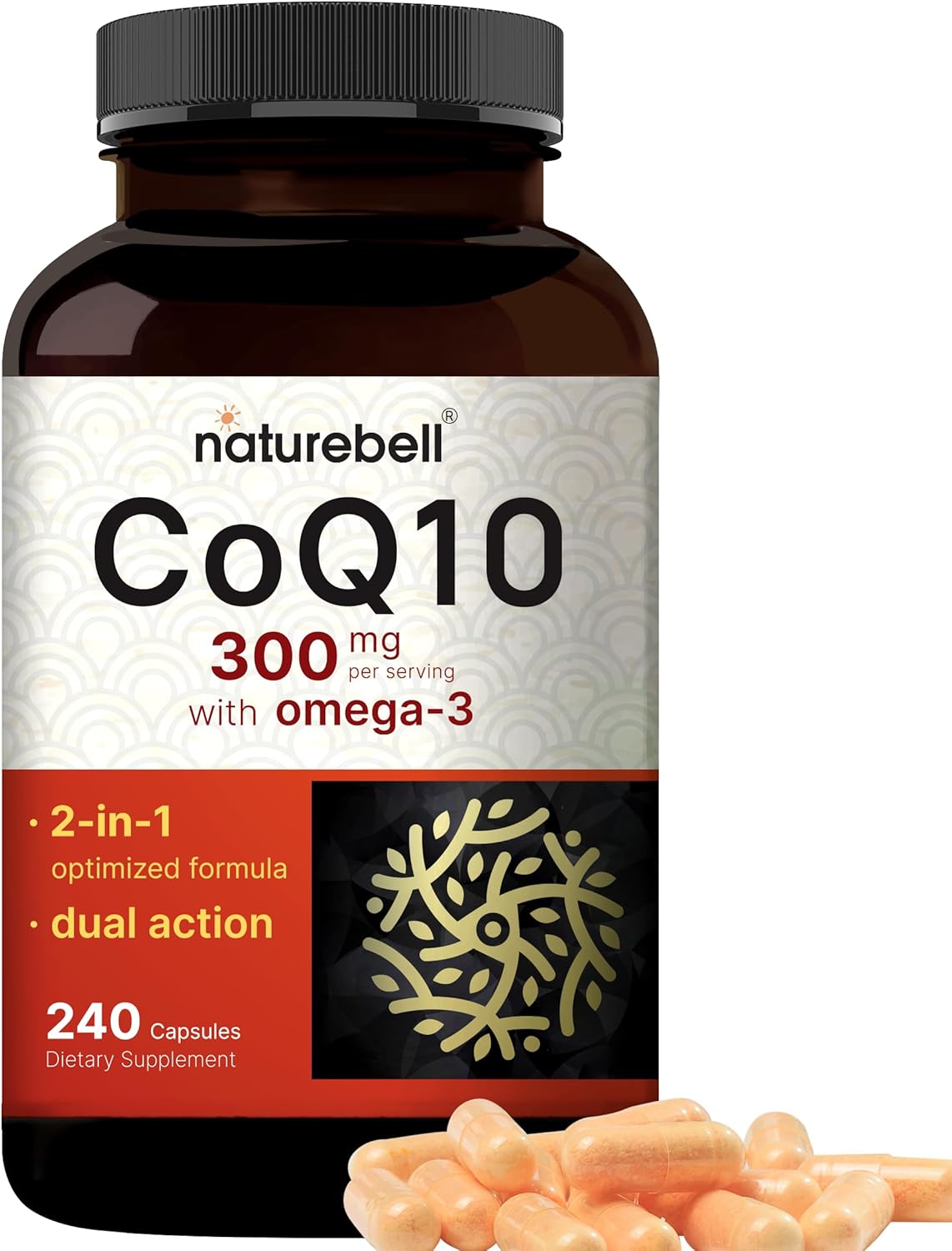 NatureBell CoQ10 300mg with Omega 3, 240 Capsules - 120 Day Supply | Stable High Absorption Form – Antioxidant Support for Heart & Energy Health – Extra Strength Coenzyme Q10 Supplement