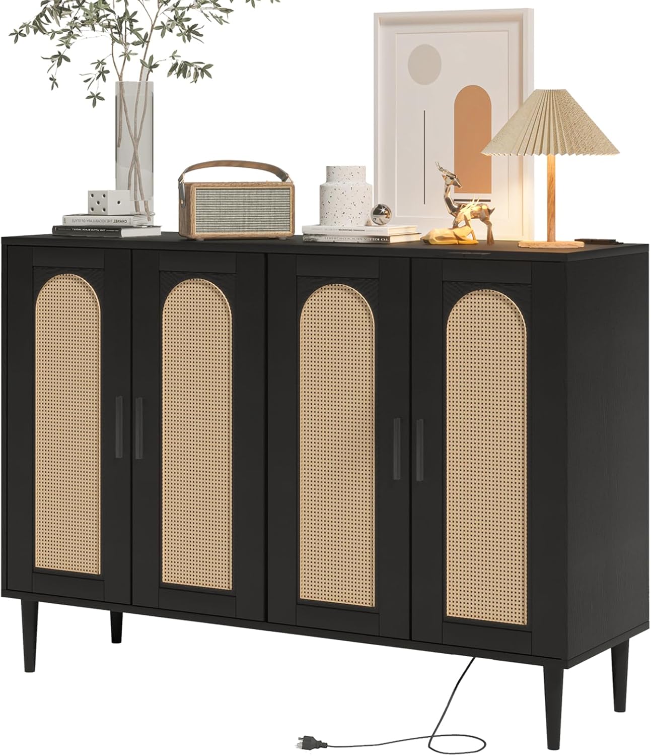 Sideboard Buffet Cabinet, 4 Rattan Doors Accent Storage Cabinet, Console Table Coffee Bar with Power Outlet, Adjustable Shelves for Dining Room, Kitchen, Hallway, Living Room, Black