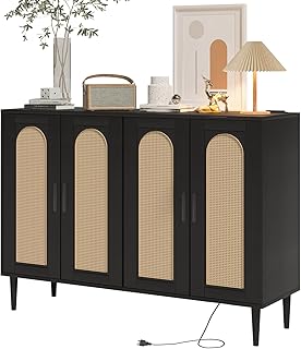 Sideboard Buffet Cabinet, 4 Rattan Doors Accent Storage Cabinet, Console Table Coffee Bar with Power Outlet, Adjustable Shelves for Dining Room, Kitchen, Hallway, Living Room, Black