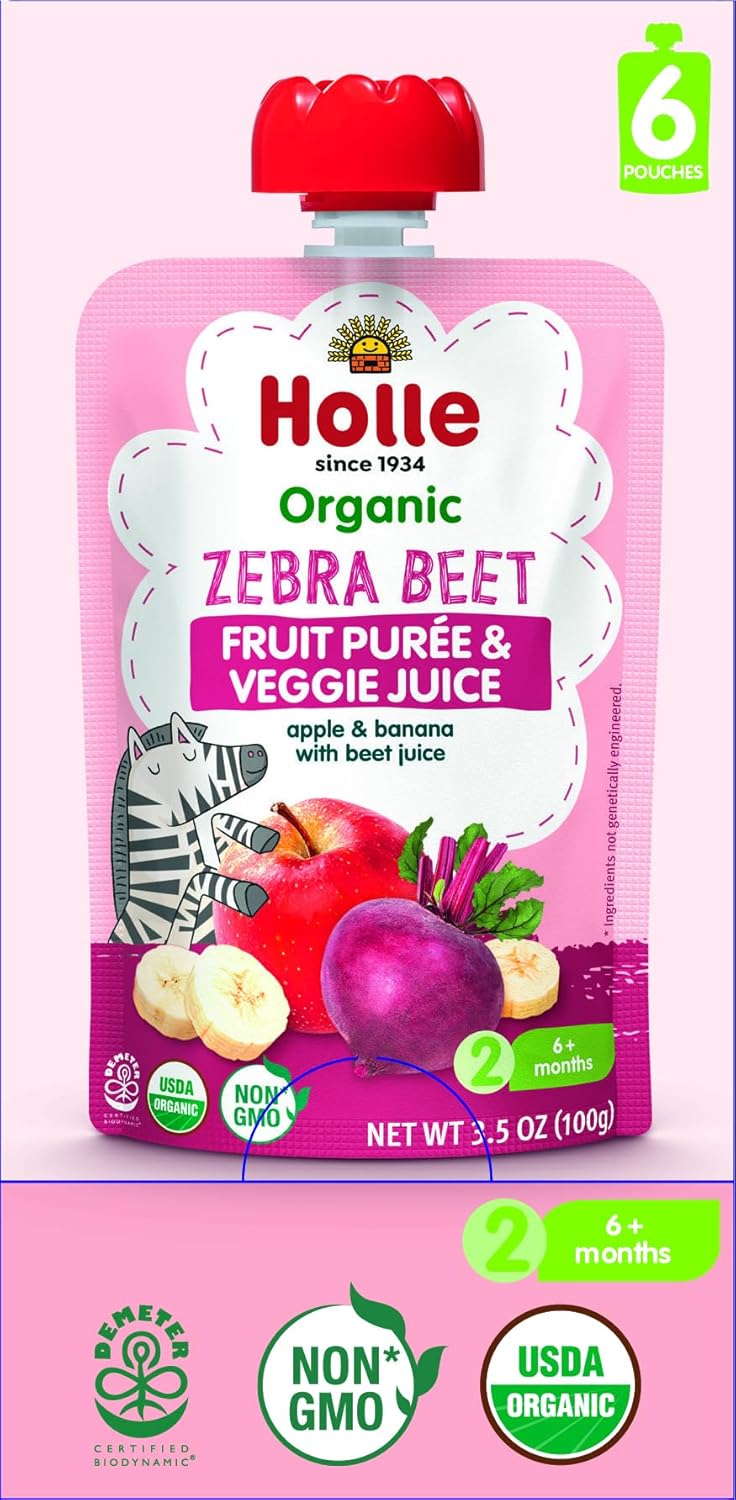 Holle Organic Baby Food Pouches - Zebra Beet Baby Puree with Apple, Banana & Beetroot - (6 Pack) Organic Baby Snacks + Fruit and Veggie Pouches for Weaning Babies 6 Months and Older