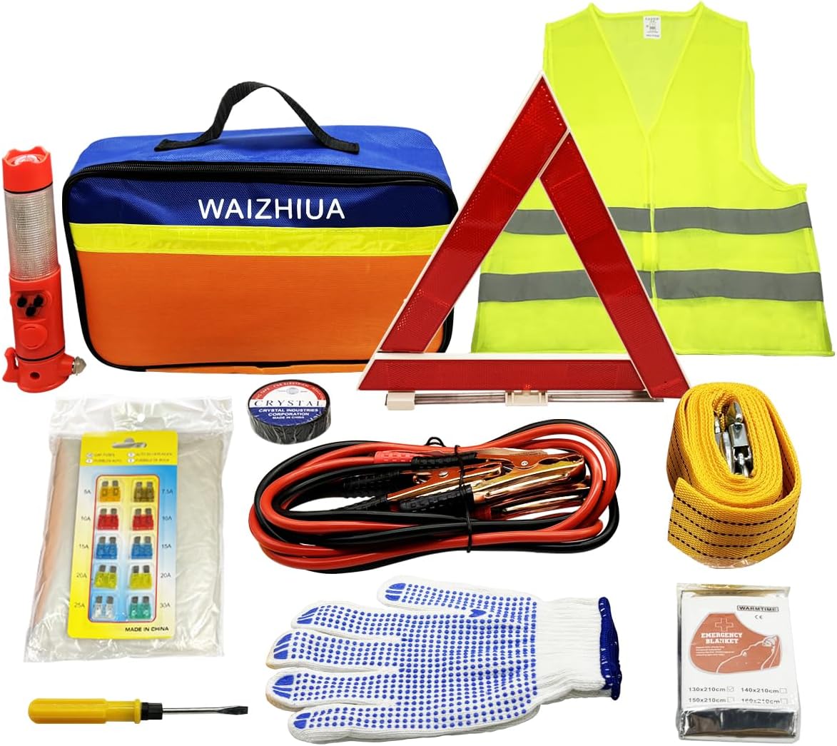 Car Breakdown Emergency Kit - 12Pcs UK Europe Auto Roadside Assistance Set, Includes Warning Triangle, Jump Leads, Tow Rope, Safety Hammer, Reflective Vest, Raincoat, Gloves, PVC Tape, Storage Bag