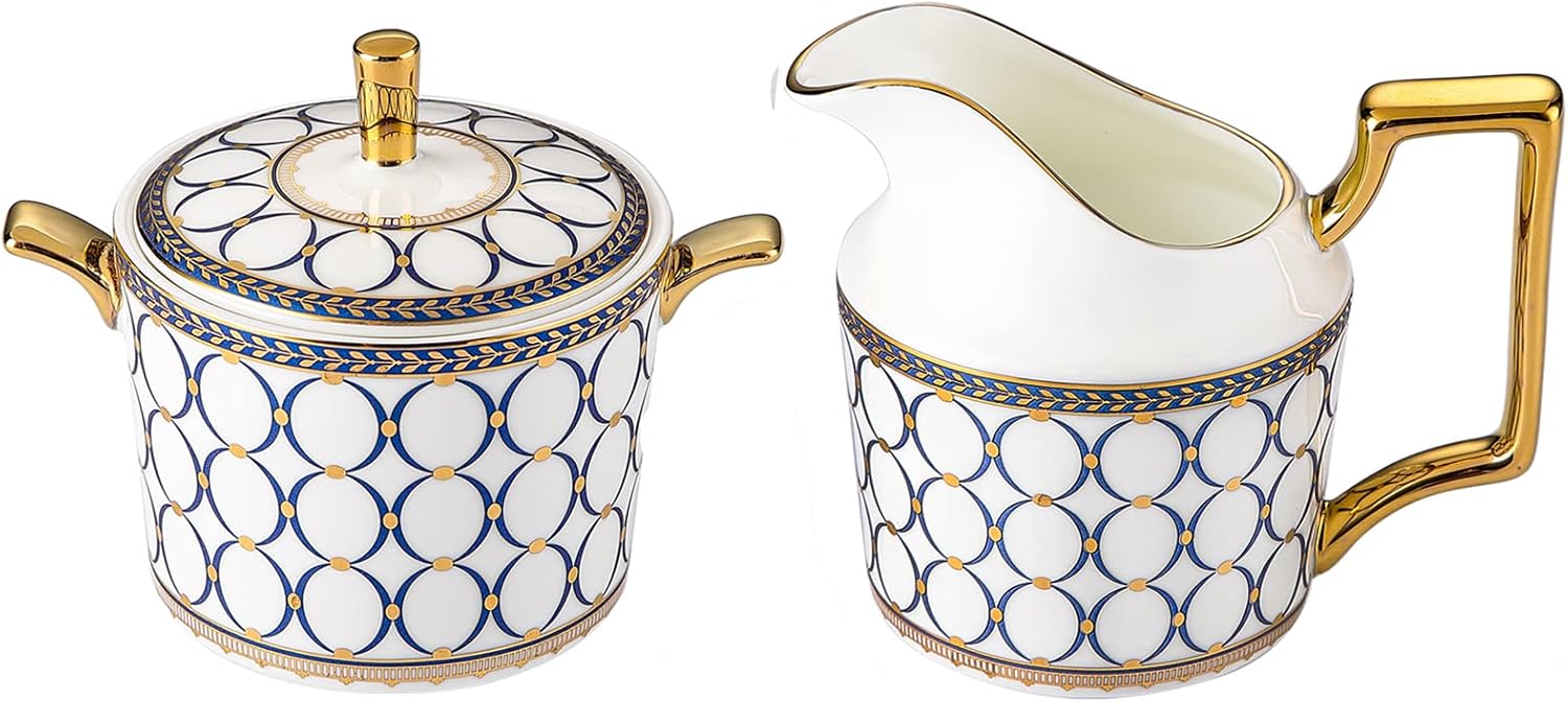 CWLWGO-European style Bone China Cream and Sugar Set, Coffee Serving Sets, Sugar Bowl with Lid and Spoon, Cream Pitcher, Beautifully glazed WHite Gold Cream Jug Sugar Jar,elegant female suit.