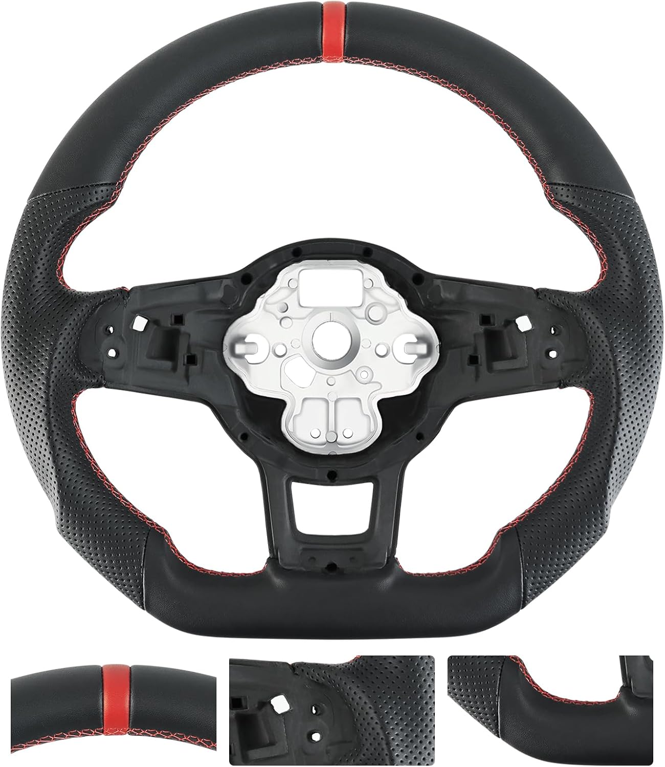 Acclcors Full Leather Steering Wheel Anti-slip Perforated Leather Grip Breathable D-shaped Flat Bottom Steering Wheel with Red Stitched, Fit for VW Volkswagen Golf MK7 GTI/R 2015-2019