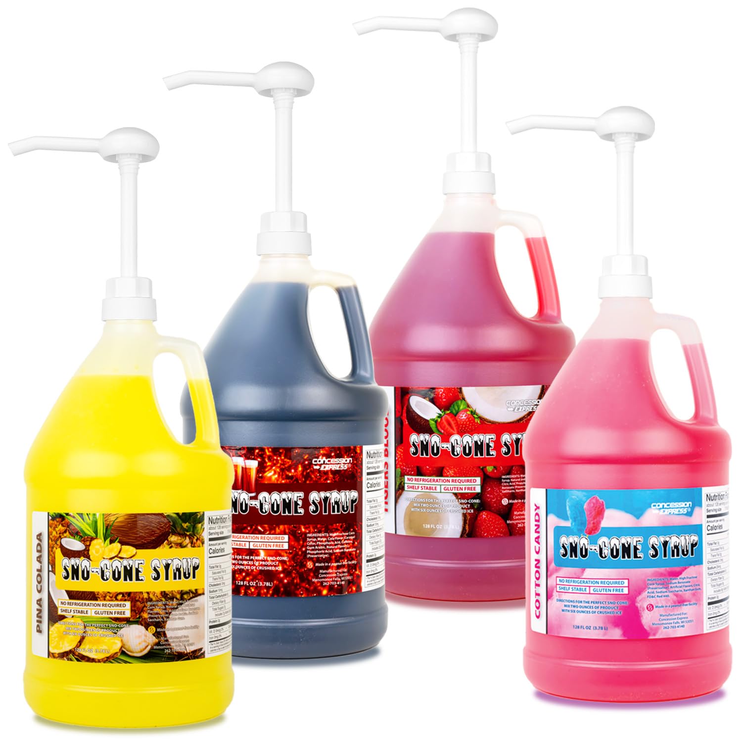 Sno-Cone Syrups - Four Gallons with Pumps (Cola-Cotton Candy-Pina Colada-Tigers Blood)