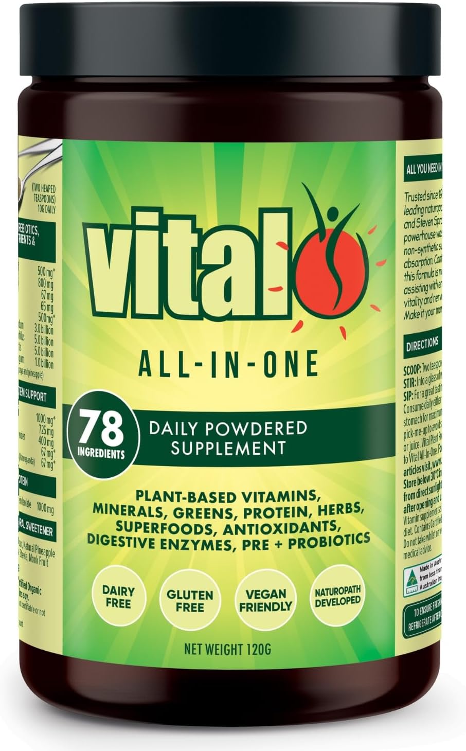Vital All in One Daily Health Supplement 120GM | Vital Greens, Vegan, 70 Vital Ingredients - Vitamins, Minerals, Greens, Cultures, Digestive Enzymes, Vegetables
