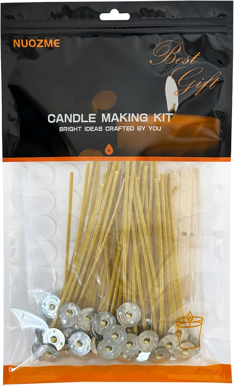 50 Pcs 6" Natural Candle Wicks,Pre-Waxed by 100% Beeswax & Tabbed with 60Pcs Candle Wick Stickers and 5 Pcs Wooden Candle Wick Centering Device, for Candle Making，Candle DIY