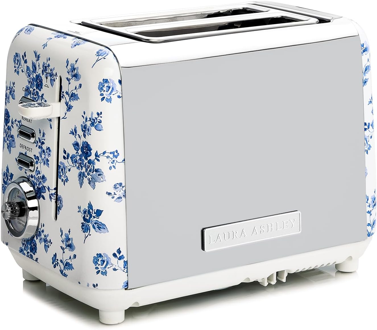 VQ Laura Ashley China Rose Stainless Steel 2 Slice Toaster | Bagels & Bread Toasters 2 Slices Wide Slot with Adjustable Heating & Defrost Mode | Grille Pain 2 tranches with Croissant Warming Rack