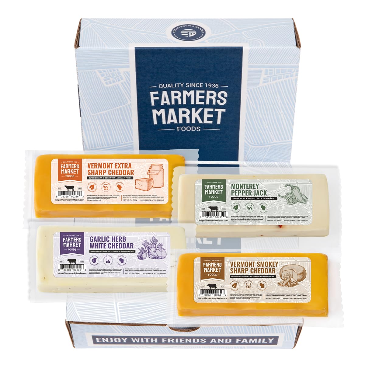 Farmers' Market Cheese Block Assortment 7oz 4-Pack, Shelf Stable, Pasteurized, Locally Sourced Wisconsin Cheese (Assortment, 4 Count)