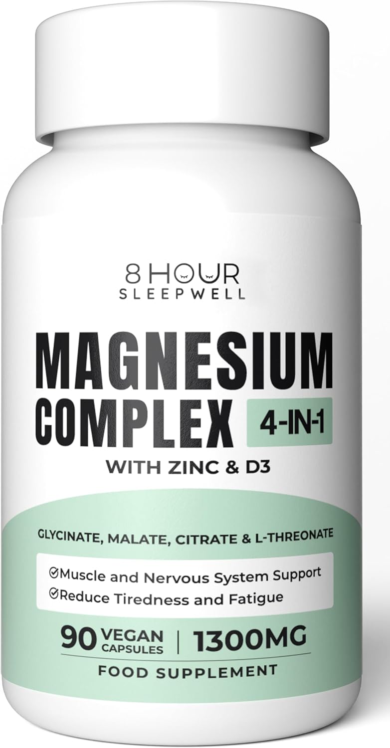 Magnesium Glycinate with Zinc & Vitamin D3 | 4 in 1 Complex | Triple High Strength & Absorption | 1300mg Magnesium Bisglycinate, Citrate, Malate & L-Threonate | 90 Vegan Capsules | Gluten-Free