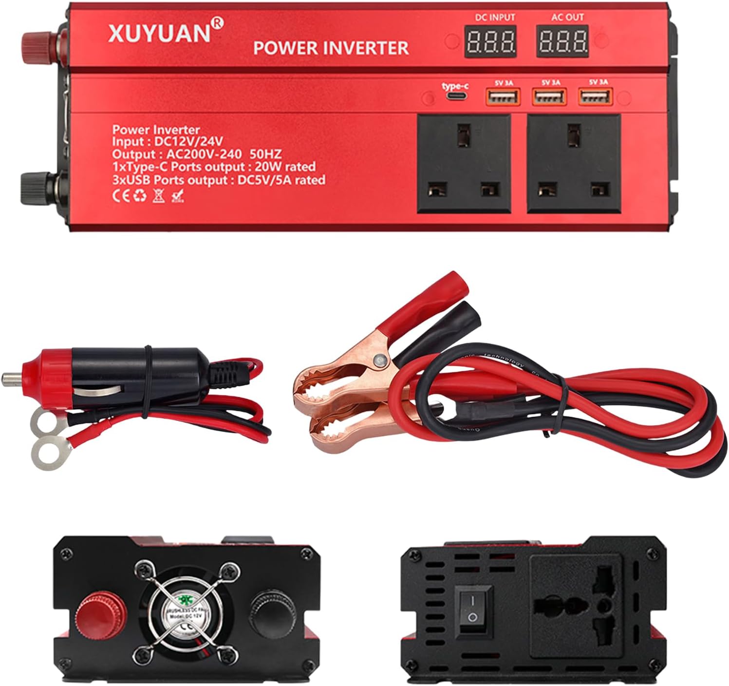 2000W Car Inverter, DC 12V/24V to AC 220V Car Power Inverter with 5A 3 USB Ports 3 AC Sockets 1 Type-C Port, Modified Sine Wave Car Inverter Adapter with LED Display Power Converter for Travel Camping