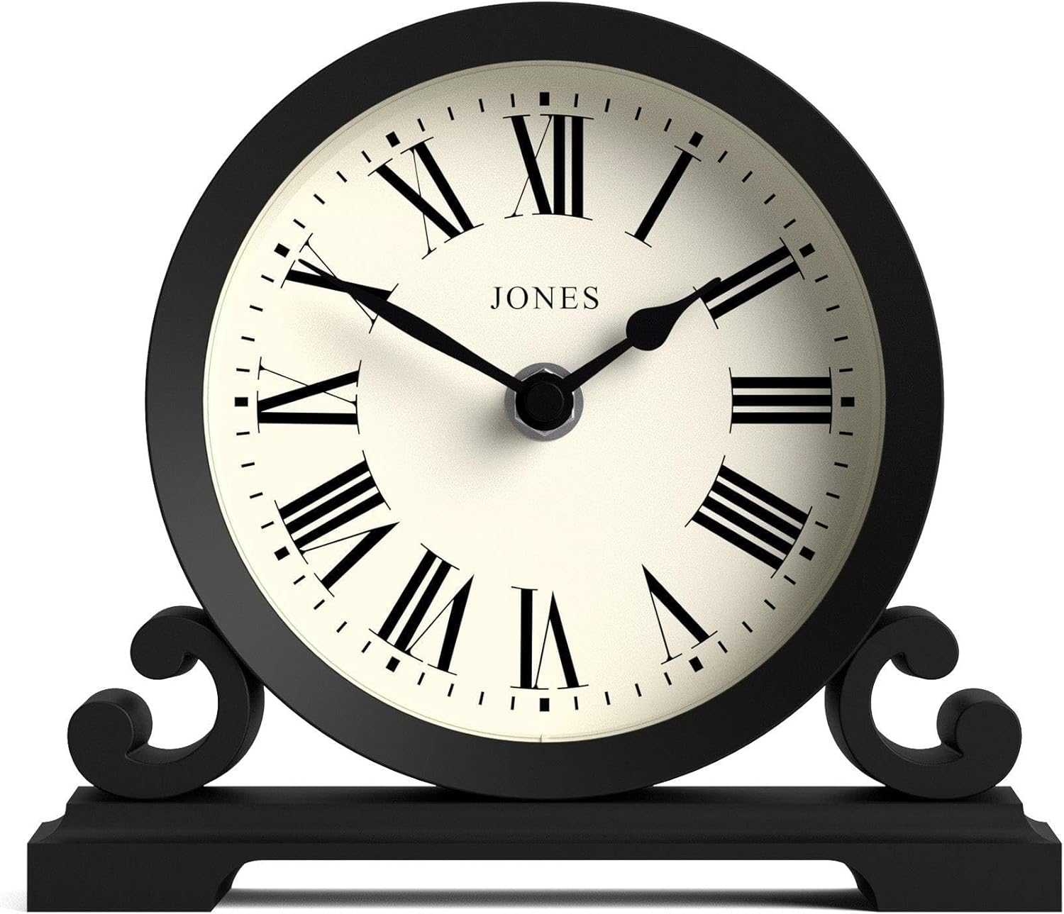 Jones Clocks® Saloon mantel clock | Traditional double scroll design | Black | Roman numerals | Classic style for desk, table, shelf or bedside