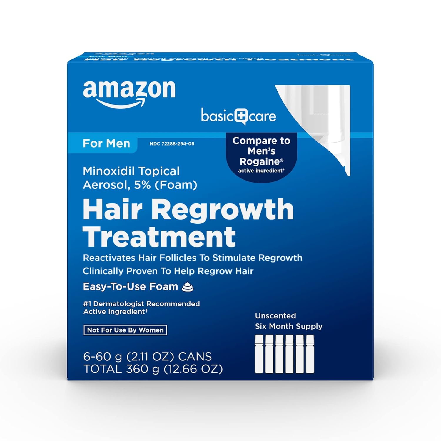 Amazon Basic Care Minoxidil Topical Aerosol, 5% Foam, Hair Regrowth Treatment for Men, 6-month Supply, Unscented, 2.11 oz (Pack of 6)
