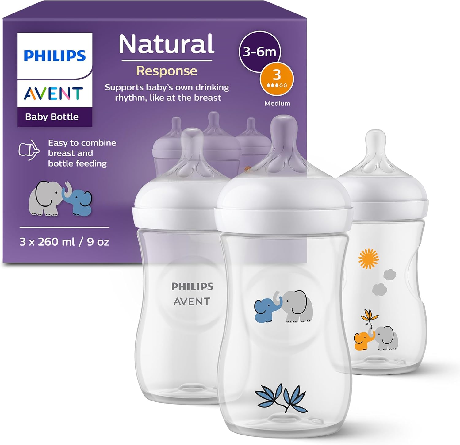 Philips Avent Natural Response Baby Gift Set, 3 Natural Response Baby Bottles 260 ml with T3 (1 m+ Teats), SCY903/63