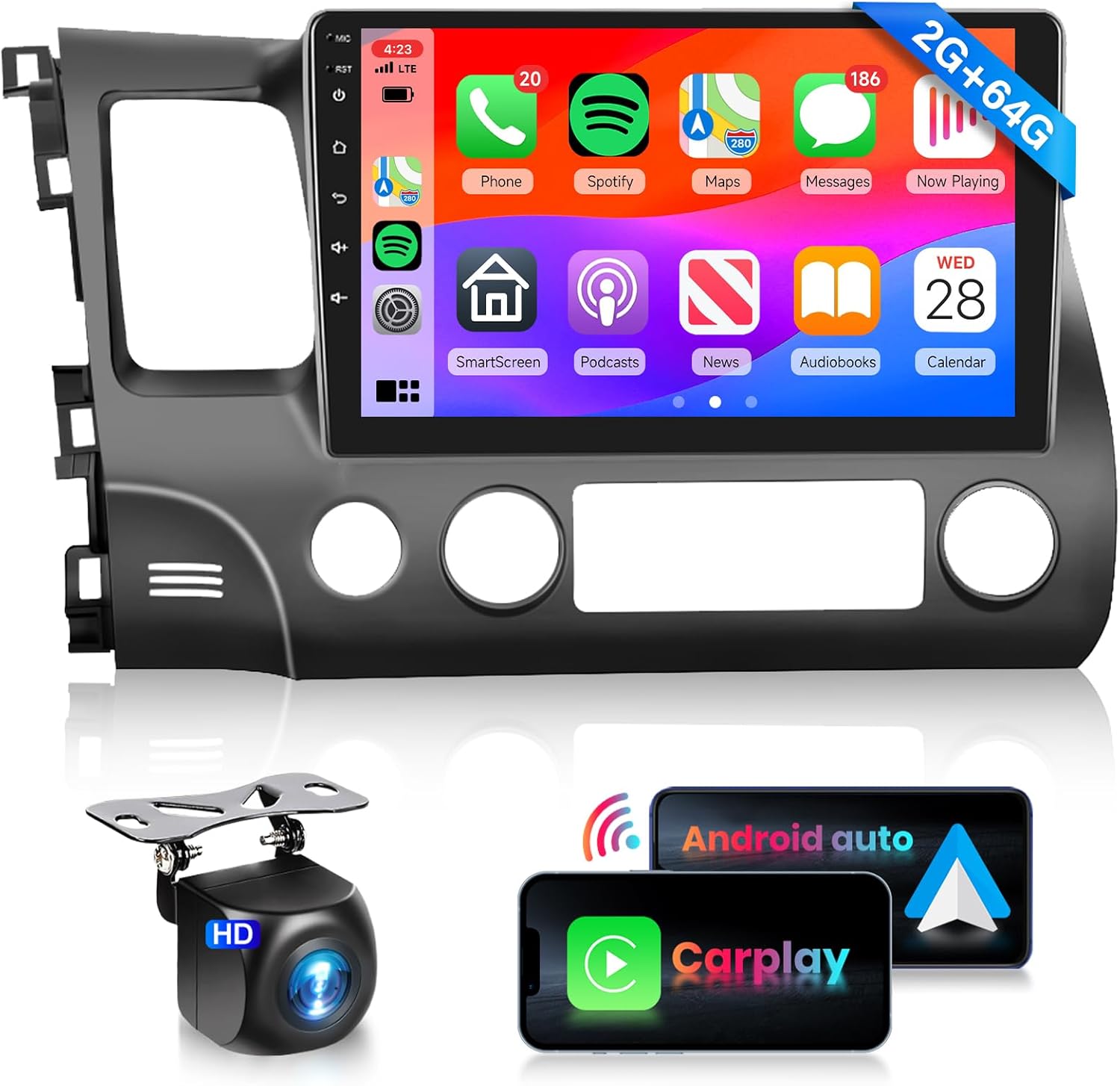 Podofo 【HiFi 16EQ】 2G 64G Car Stereo Radio for Honda Civic 2006-2011 CarPlay Android Auto MirrorLink, 10.1 inch 1080P HD IPS Touch Screen Civic Car Radio GPS WiFi RDS FM Radio AHD Backup Camera