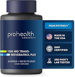 ProHealth Resveratrol 1000mg | Pure Trans-Resveratrol | Plus Quercetin, Red Wine & Green Tea Extract | Clinically Studied to Support Cellular Health, Memory, Healthy Aging | 60 Capsules