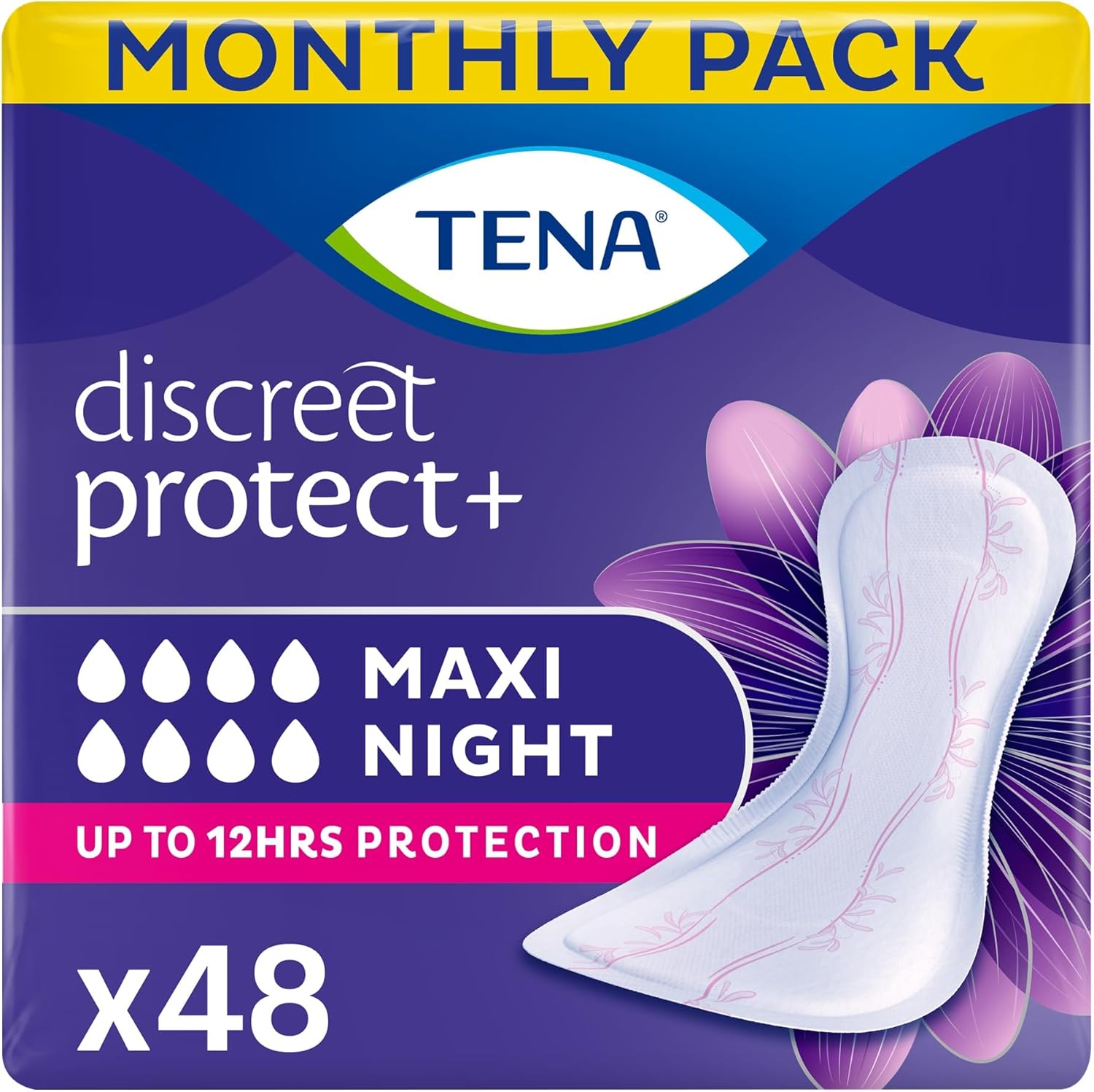 TENA Discreet Maxi Night, Incontinence Pads for Women, Specifically Designed for Night Time Protection with Wider Back and Extra Length, 48 Count (Pack of 8 x 6),packaging may vary