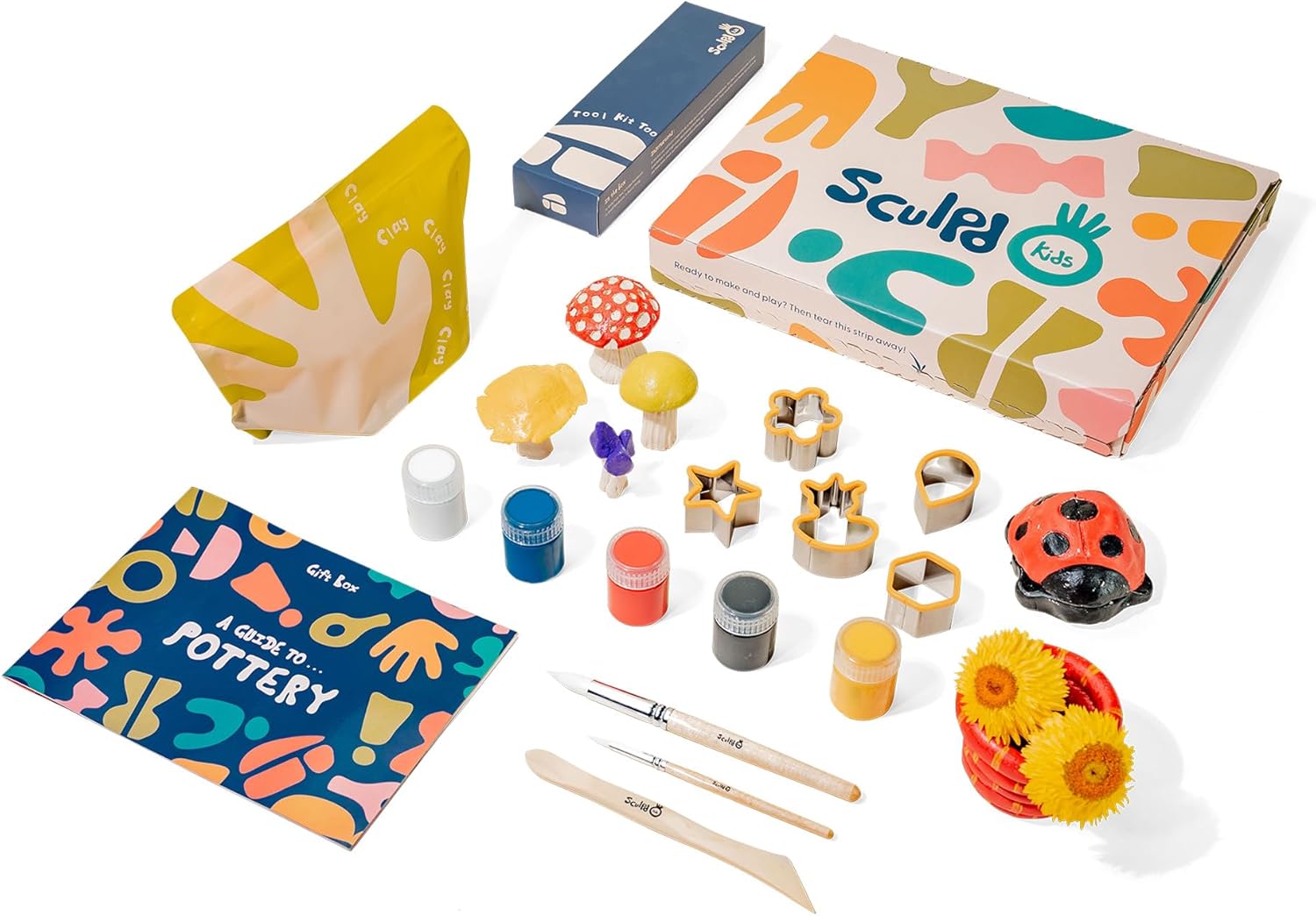 Sculpd - The Original Kids Pottery Kit, Air-Dry Clay Starter Kit for Kids Age 4 to 6, Air Dry Clay with 5 Colour Paint Set, Paintbrushes, Pottery Tools, Clay Cutters, Sponge and Step-by-Step Guide