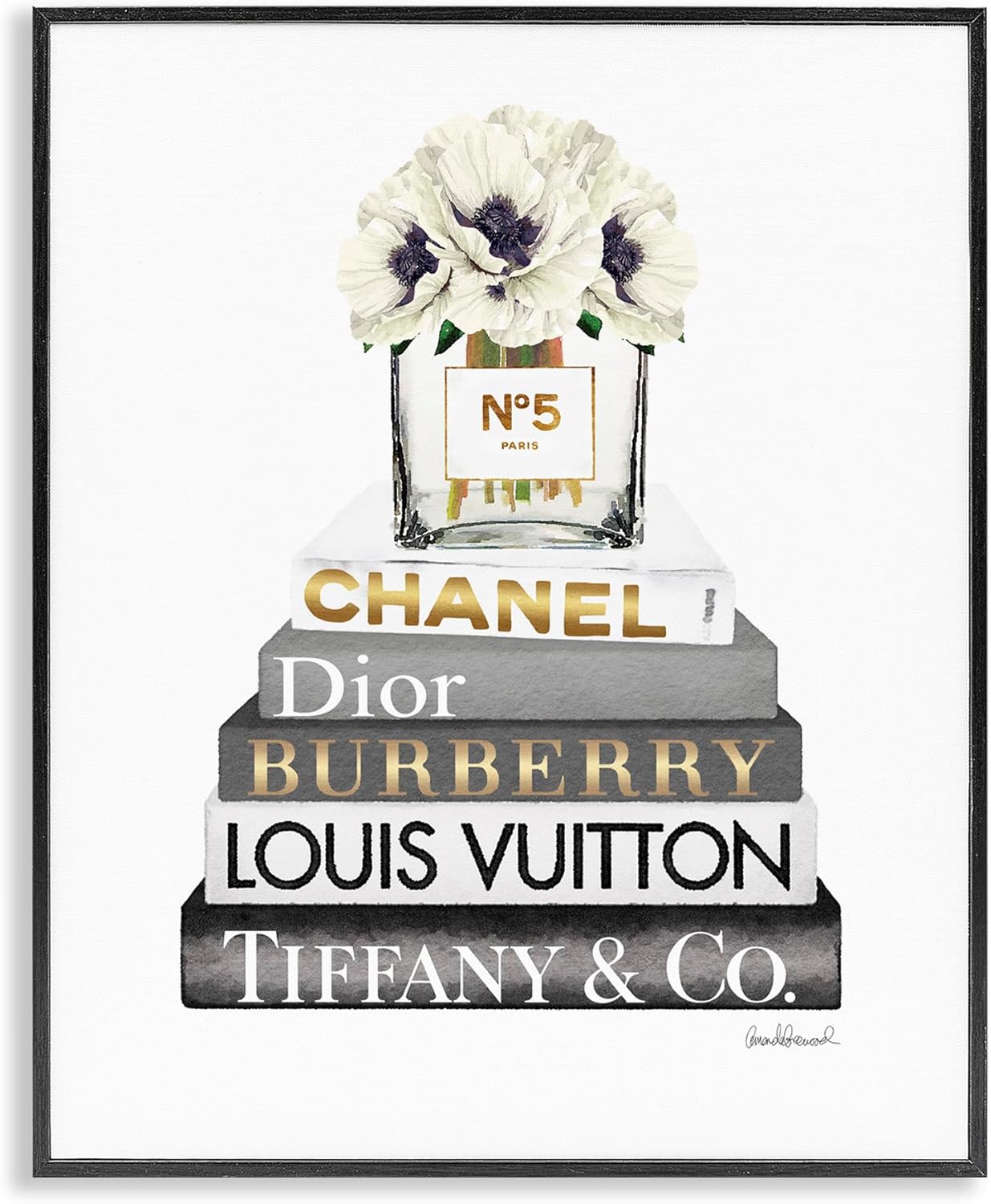 Stupell Industries Blooming White Floral Display on Glam Designer Bookstack Wall Art, 11 x 14, Black Framed