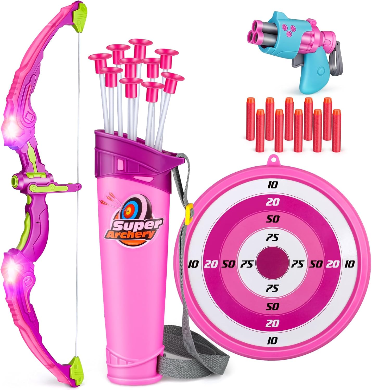 Own1one Kids Bow and Arrow Set for Girls with LED Lights, 2 in 1 Archery Set Includes 1 Bow, 10 Suction Cup Arrows & 1 Quivers, Indoor and Outdoor Toys Gifts for Girls Ages 4 5 6 7 8 Years Old (Pink)